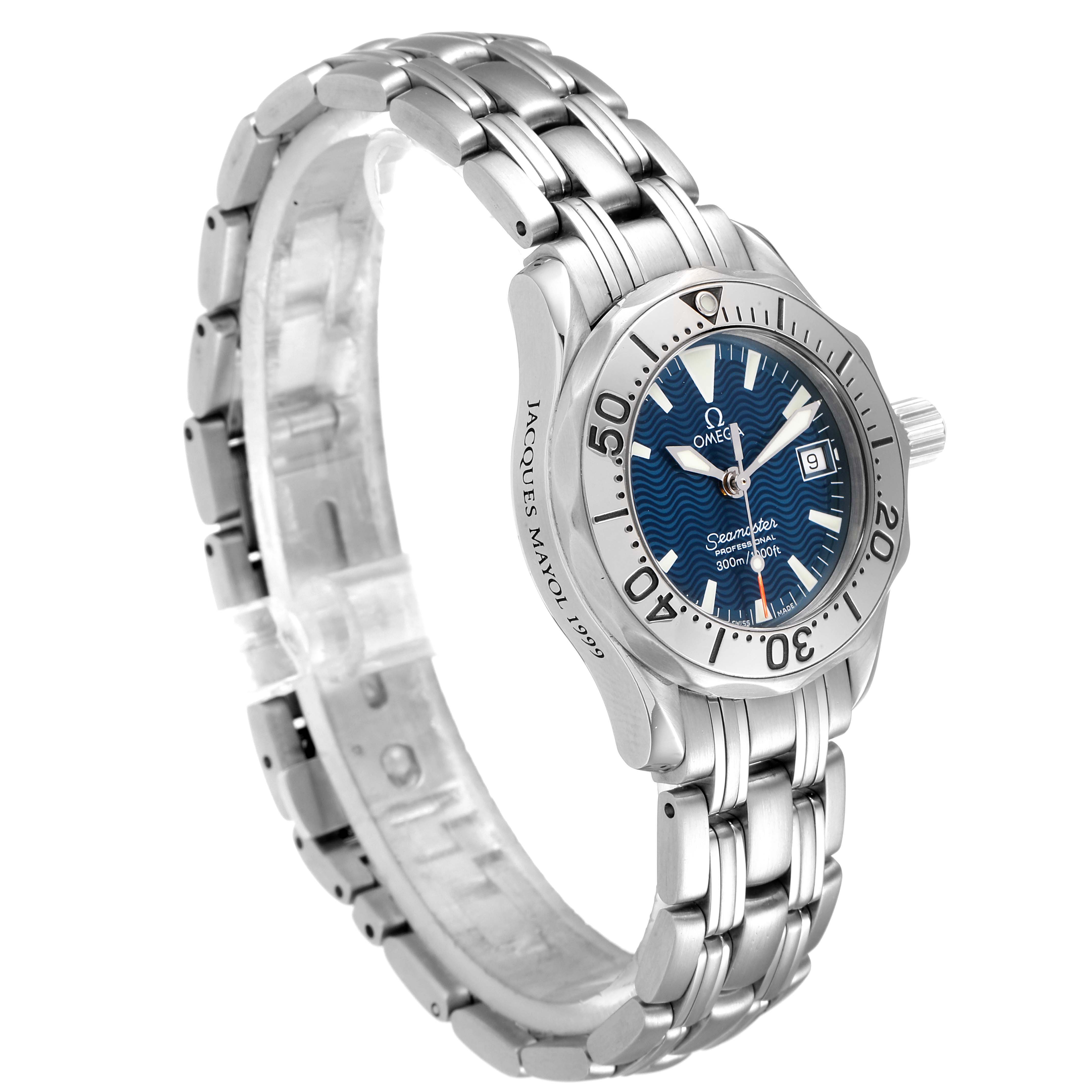 The image shows a side and angled view of the Omega 2285.80.00 Women's Stainless Steel Blue Dial 2285.80.00 Women's Stainless Steel Blue Dial Seamaster Diver 300M Quartz 28mm Steel Ladies Watch 2285.80.00, highlighting the bracelet and dial.