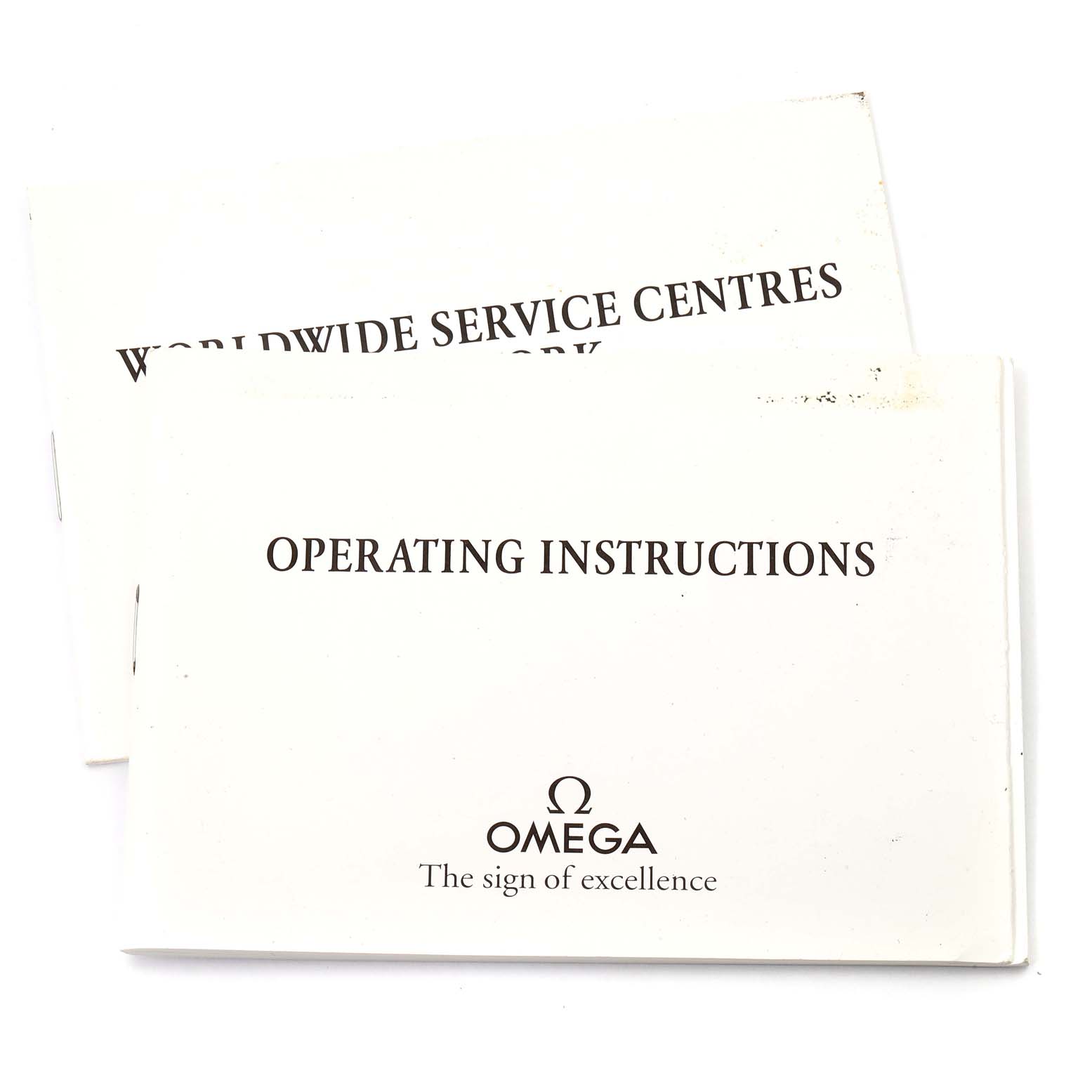 The image shows the "Operating Instructions" and "Worldwide Service Centres Network" booklets for the Omega 2285.80.00 Women's Stainless Steel Blue Dial 2285.80.00 Women's Stainless Steel Blue Dial Seamaster Diver 300M Quartz 28mm Steel Ladies Watch 2285.80.00 model.
