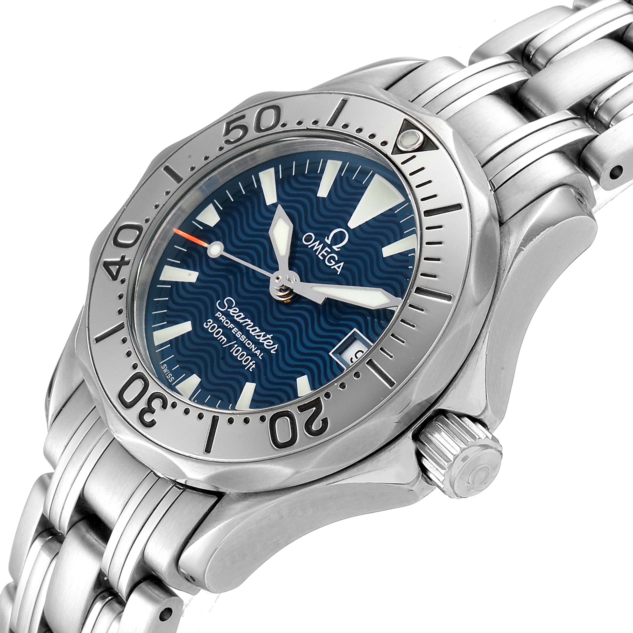 The image shows an angled view of the Omega 2285.80.00 Women's Stainless Steel Blue Dial 2285.80.00 Women's Stainless Steel Blue Dial Seamaster Diver 300M Quartz 28mm Steel Ladies Watch 2285.80.00, highlighting the face and band.