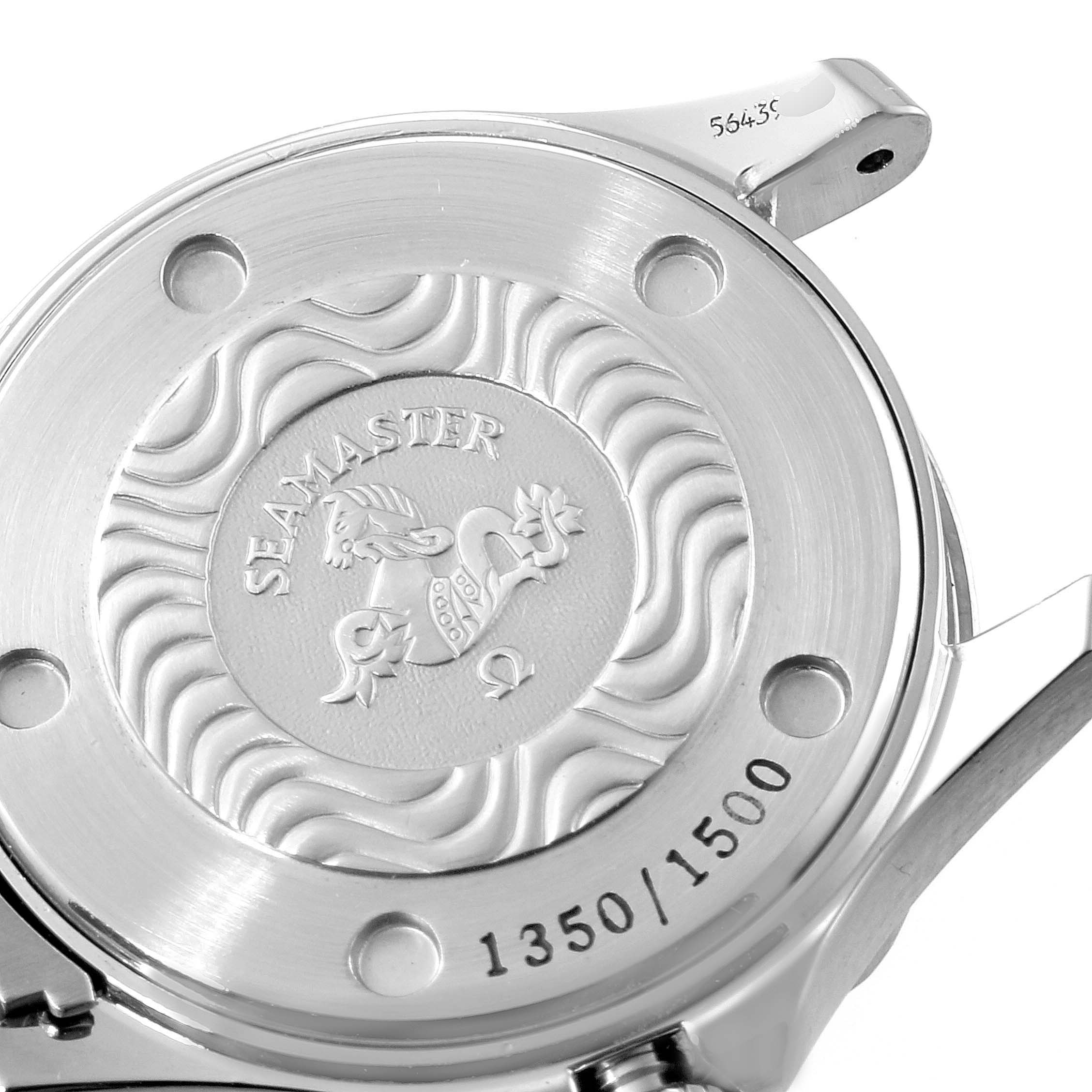 The image shows the case back of the Omega 2285.80.00 Women's Stainless Steel Blue Dial 2285.80.00 Women's Stainless Steel Blue Dial Seamaster Diver 300M Quartz 28mm Steel Ladies Watch 2285.80.00.