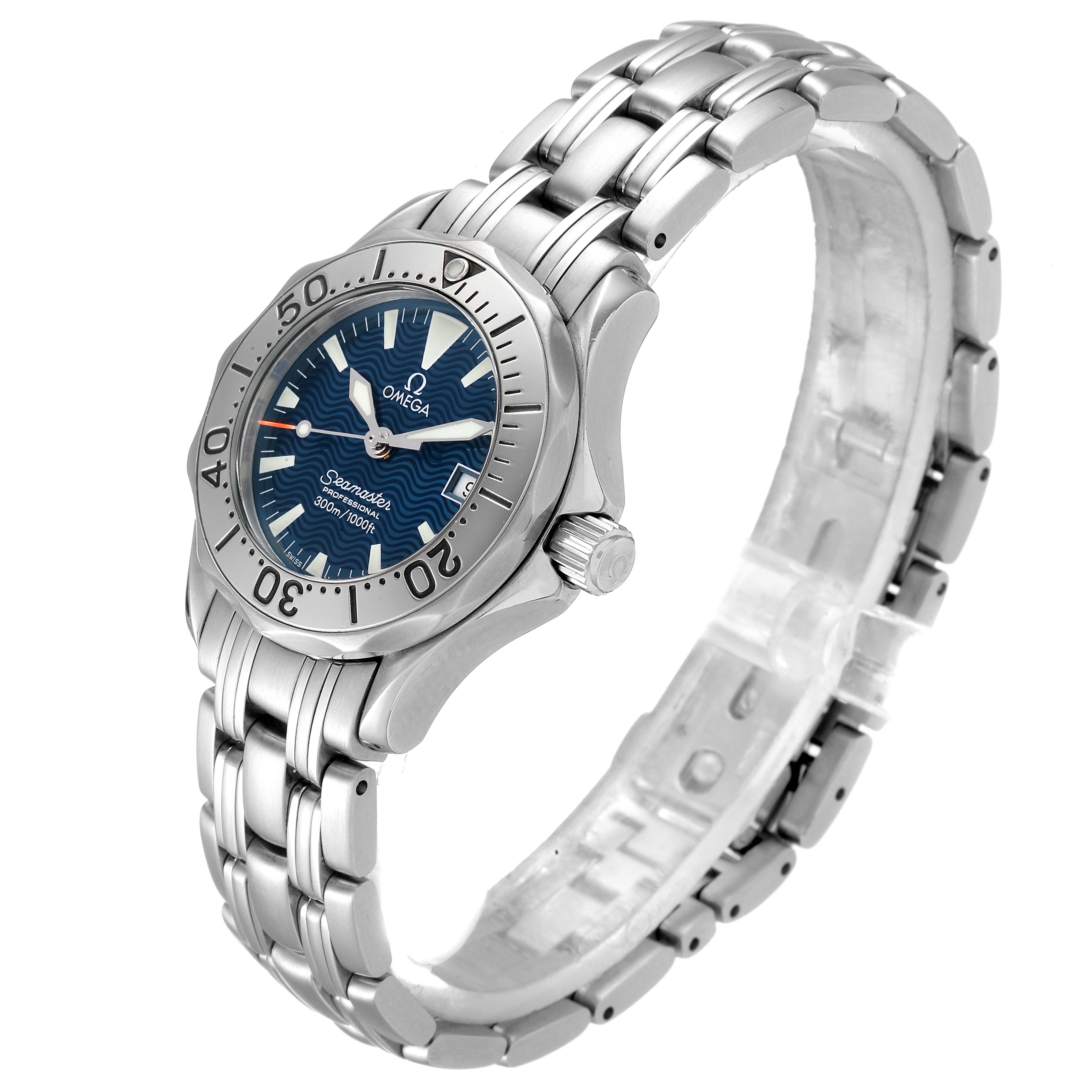 The image shows an Omega 2285.80.00 Women's Stainless Steel Blue Dial 2285.80.00 Women's Stainless Steel Blue Dial Seamaster Diver 300M Quartz 28mm Steel Ladies Watch 2285.80.00 from an angled side view, displaying its clasp and dial.