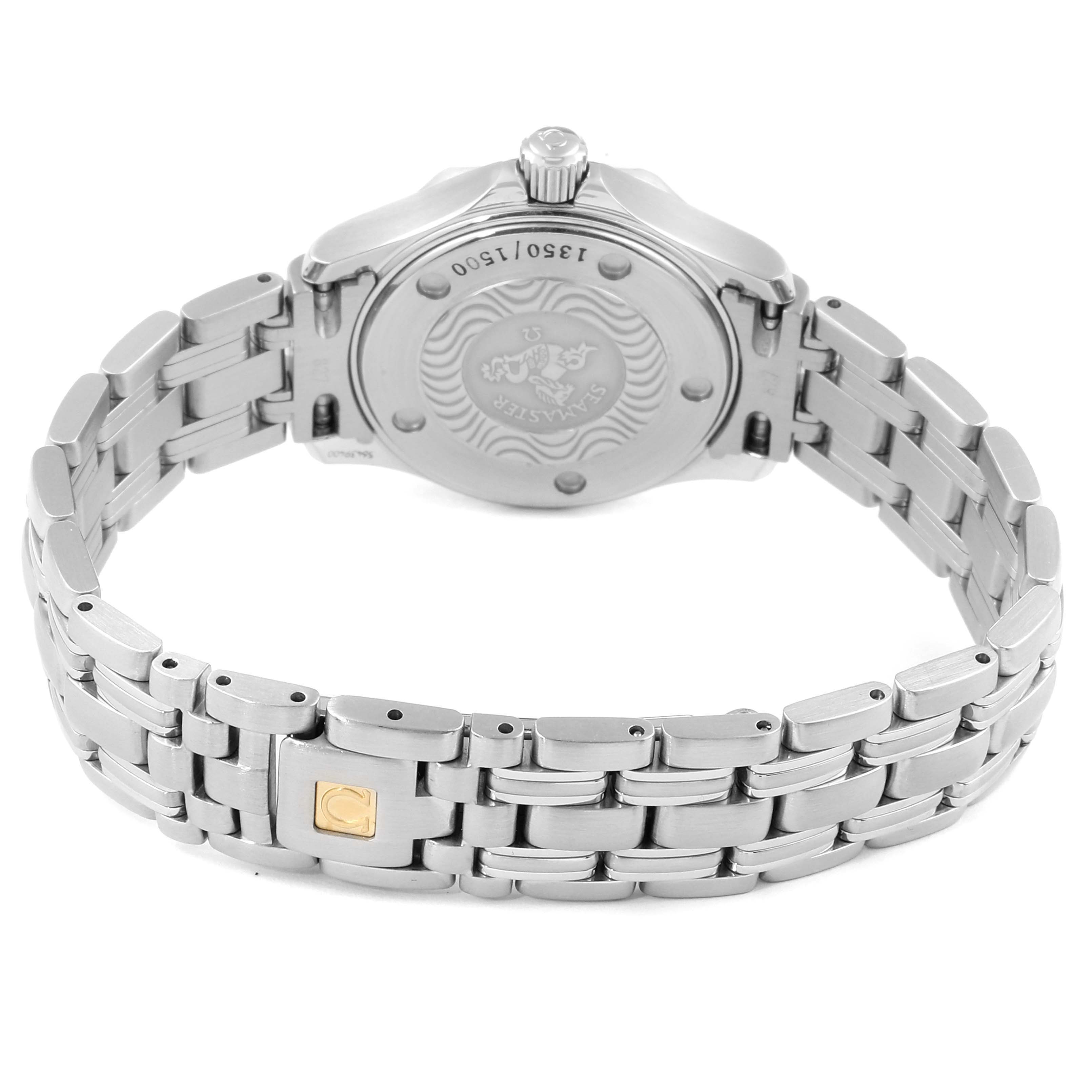 The image shows the back and bracelet of the Omega 2285.80.00 Women's Stainless Steel Blue Dial 2285.80.00 Women's Stainless Steel Blue Dial Seamaster Diver 300M Quartz 28mm Steel Ladies Watch, model 2285.80.00.