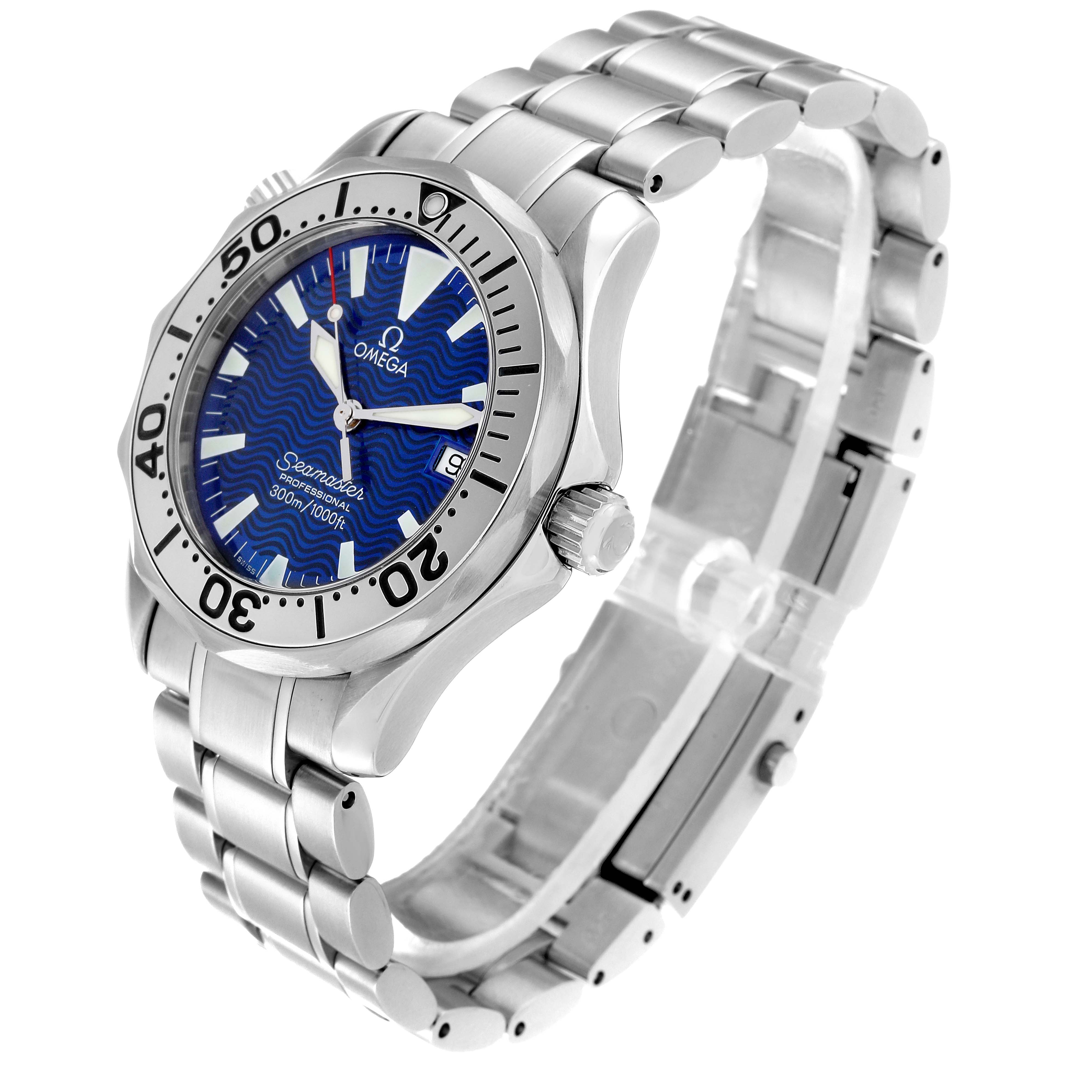The Omega Seamaster 2263.80.00 Men
s Stainless Steel Blue Dial 2263.80.00 Men
s Stainless Steel Blue Dial watch is shown at an oblique angle emphasizing the face, bezel, crown, and part of the bracelet.