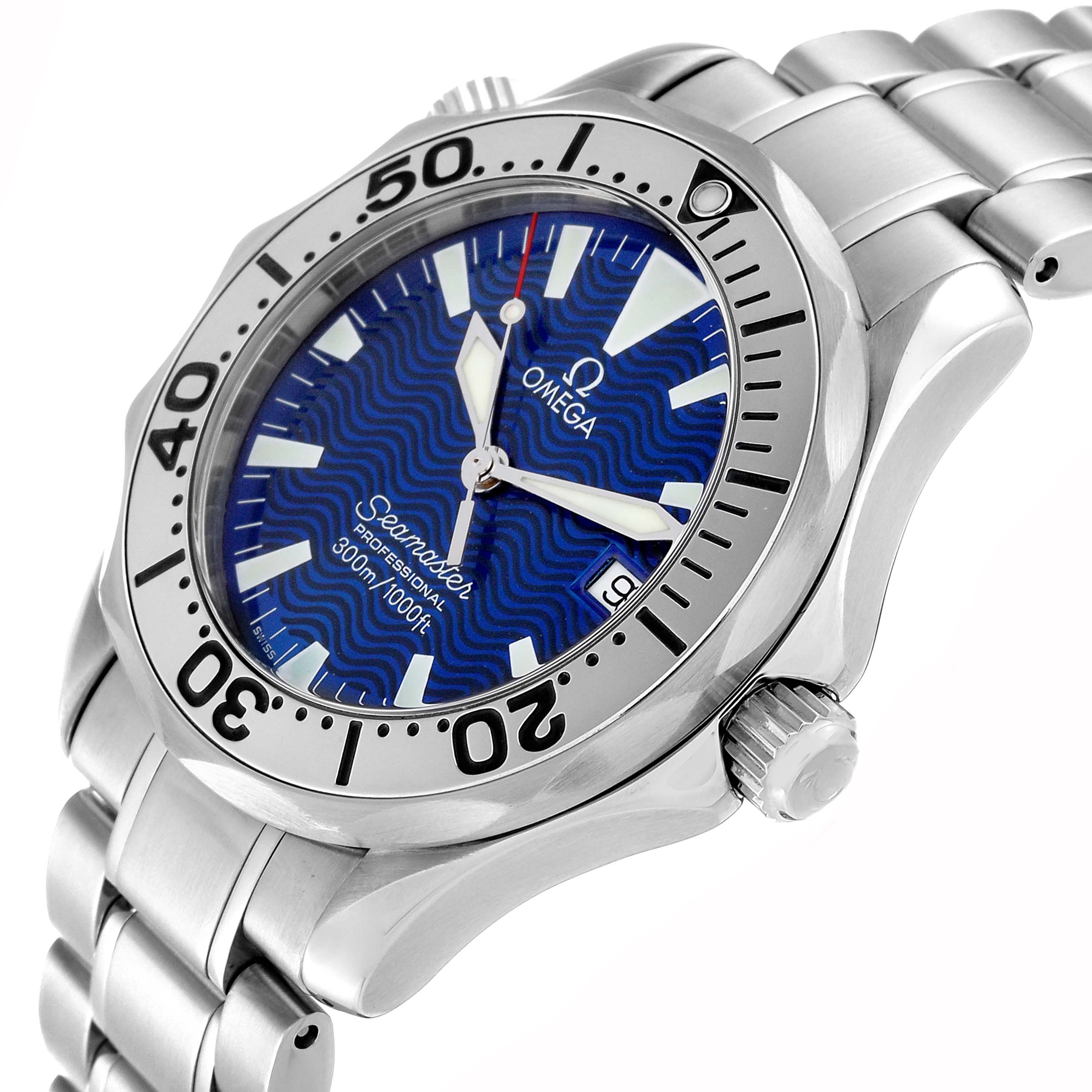 The Omega Seamaster 2263.80.00 Men
s Stainless Steel Blue Dial 2263.80.00 Men
s Stainless Steel Blue Dial watch is shown from a side angle, displaying its face, bezel, crown, and stainless steel bracelet.
