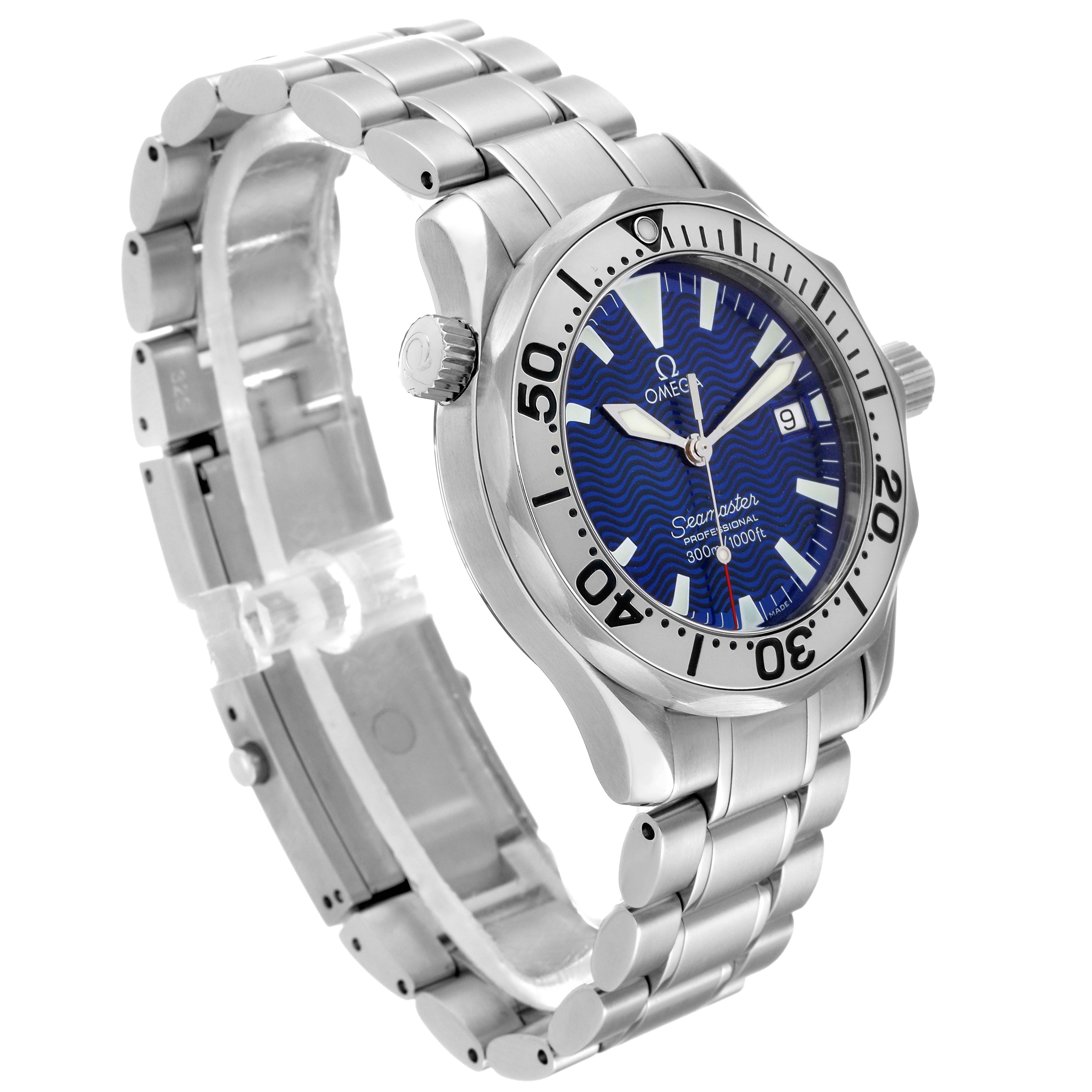 The Omega Seamaster 2263.80.00 Men
s Stainless Steel Blue Dial 2263.80.00 Men
s Stainless Steel Blue Dial watch is shown at an angle that displays the face, bezel, crown, and stainless steel bracelet.