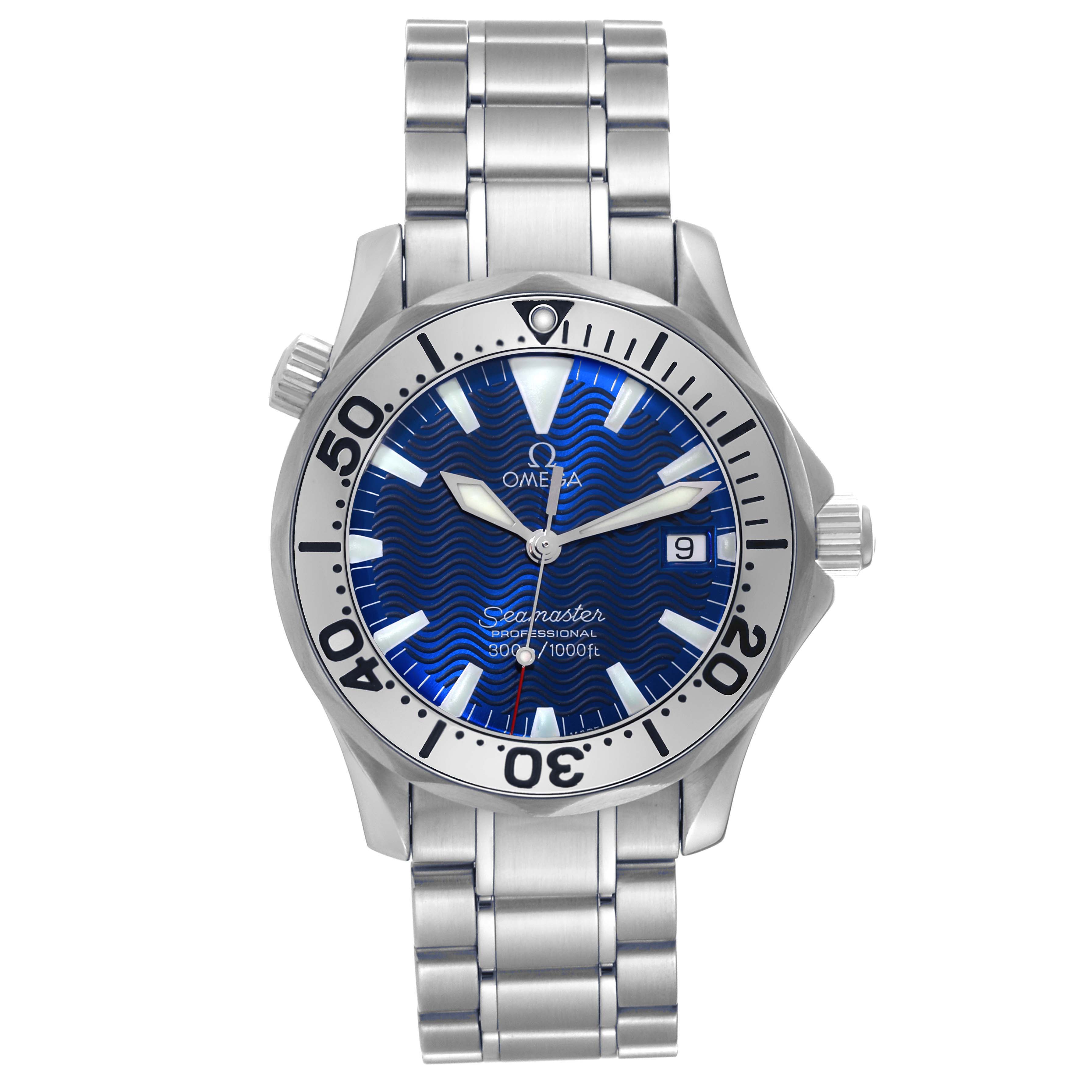 The image shows a frontal view of an Omega Seamaster 2263.80.00 Men
s Stainless Steel Blue Dial 2263.80.00 Men
s Stainless Steel Blue Dial watch, displaying its dial, bezel, crown, and bracelet.