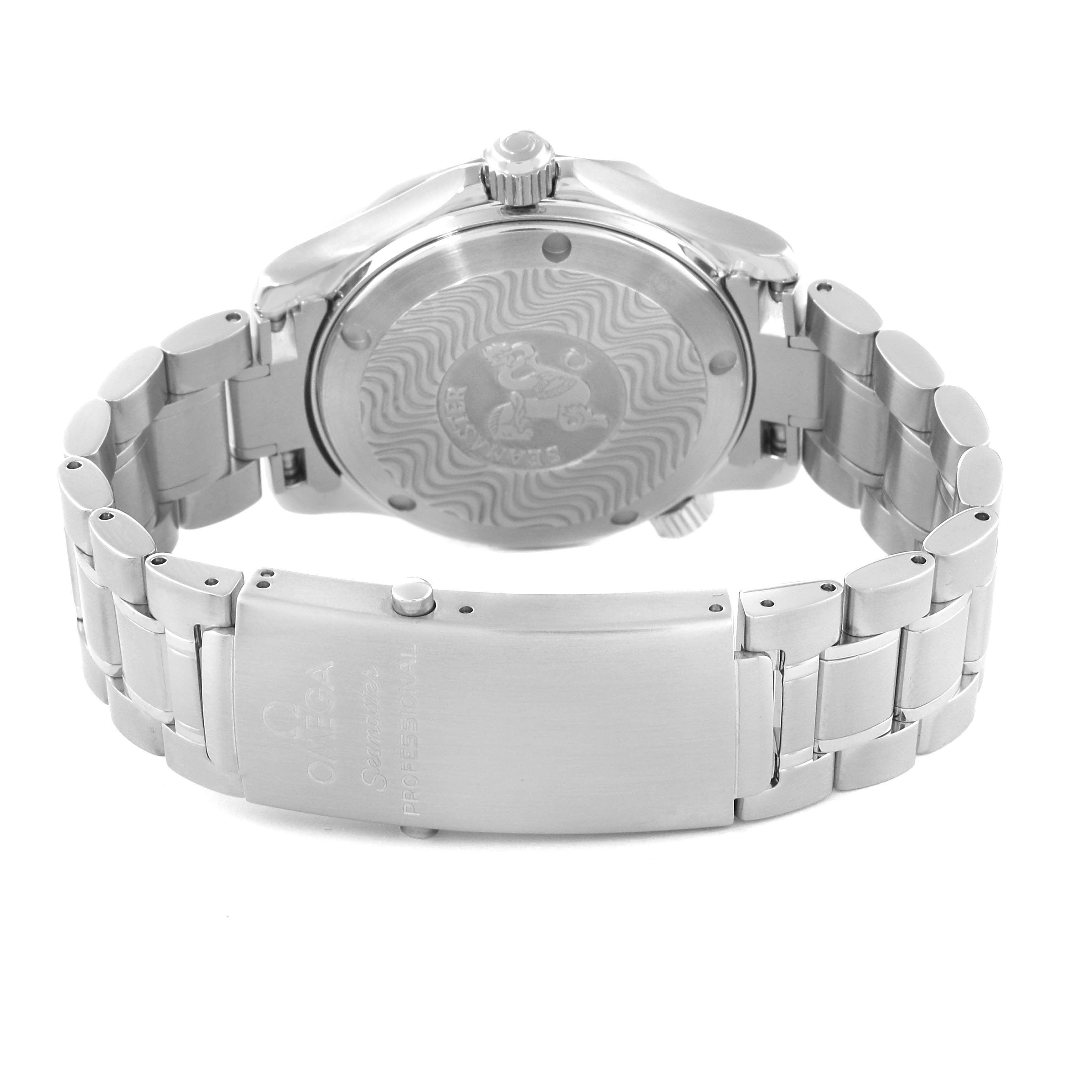 The photo shows the back and clasp of an Omega Seamaster 2263.80.00 Men
s Stainless Steel Blue Dial 2263.80.00 Men
s Stainless Steel Blue Dial watch, highlighting the engraved case back and stainless steel bracelet.