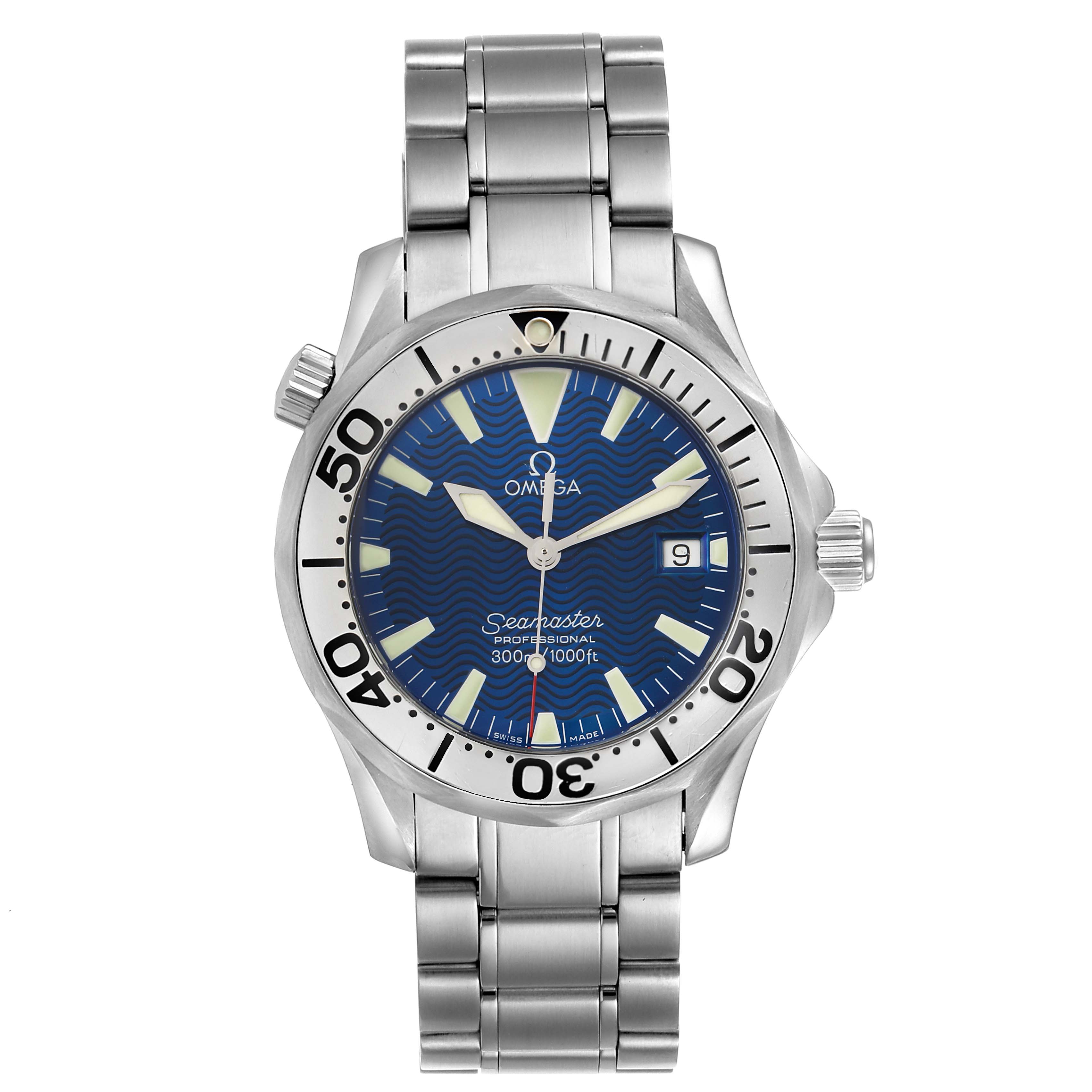 This Omega Seamaster 2263.80.00 Men
s Stainless Steel Blue Dial 2263.80.00 Men
s Stainless Steel Blue Dial watch is shown from the front, displaying the face, bezel, crown, and stainless steel bracelet.