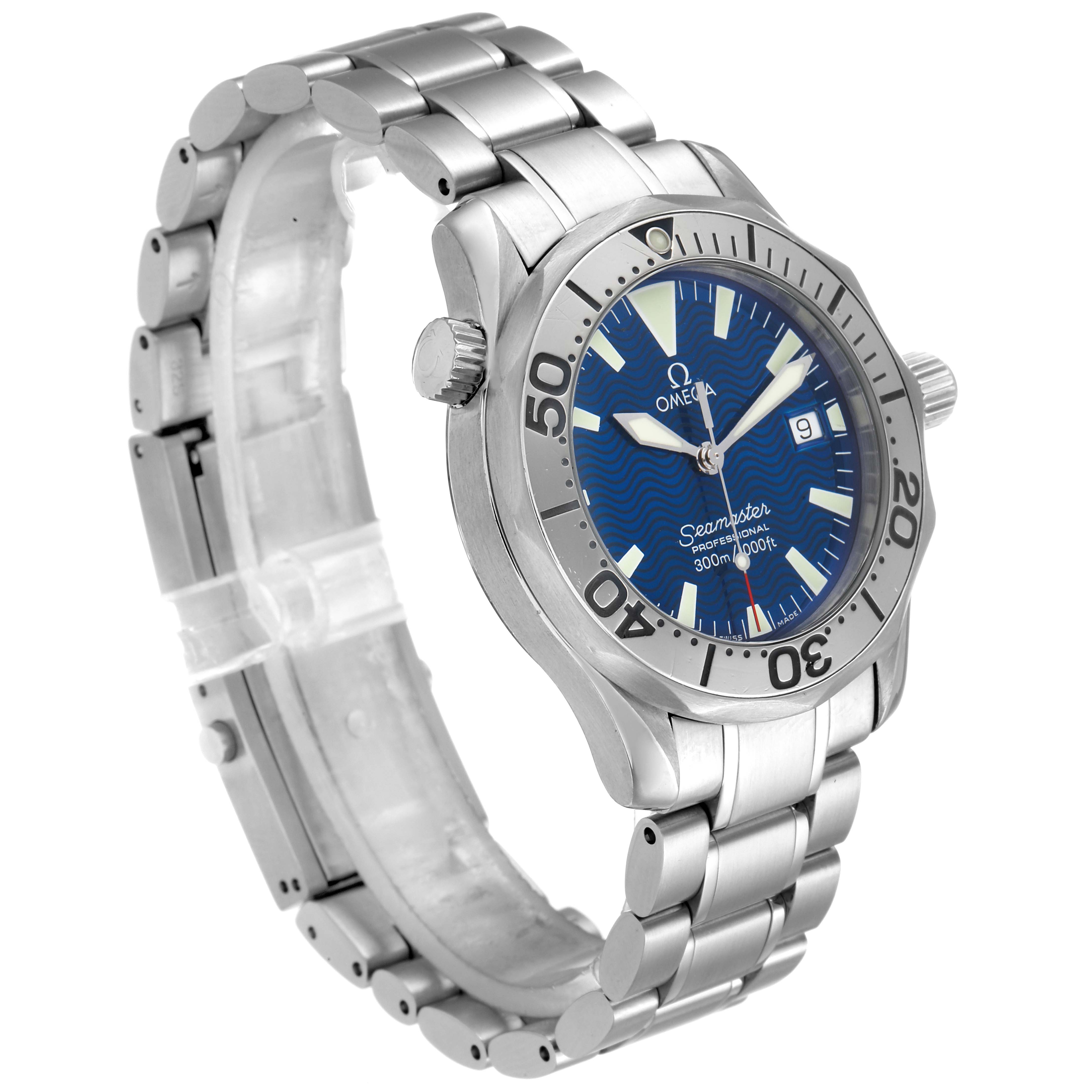 The image shows a three-quarter view of the Omega Seamaster 2263.80.00 Men
s Stainless Steel Blue Dial 2263.80.00 Men
s Stainless Steel Blue Dial watch, highlighting its bracelet, bezel, crown, and blue dial.