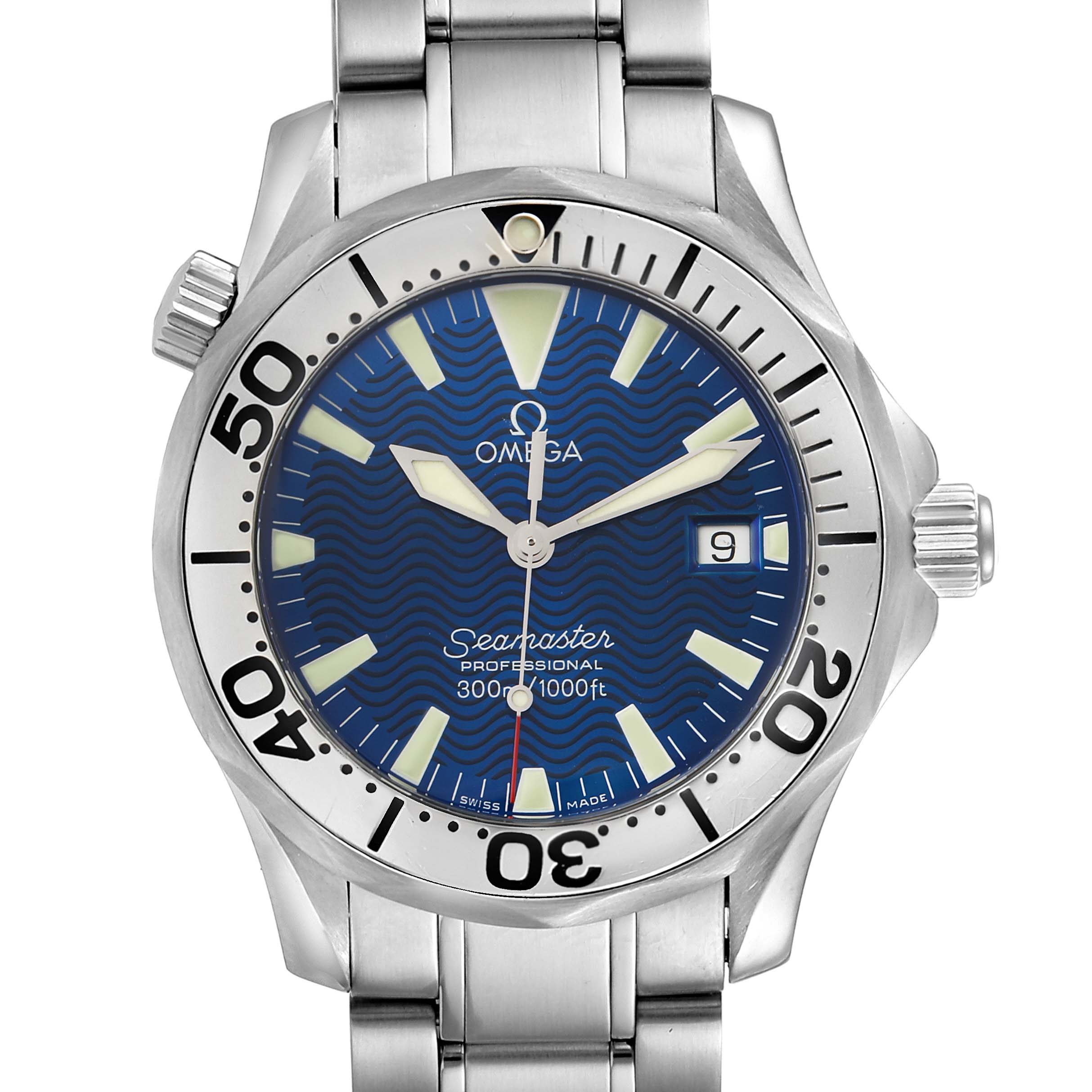 The image shows a frontal view of the Omega Seamaster 2263.80.00 Men
s Stainless Steel Blue Dial 2263.80.00 Men
s Stainless Steel Blue Dial watch, showcasing its face, bezel, hands, and part of the metal bracelet.