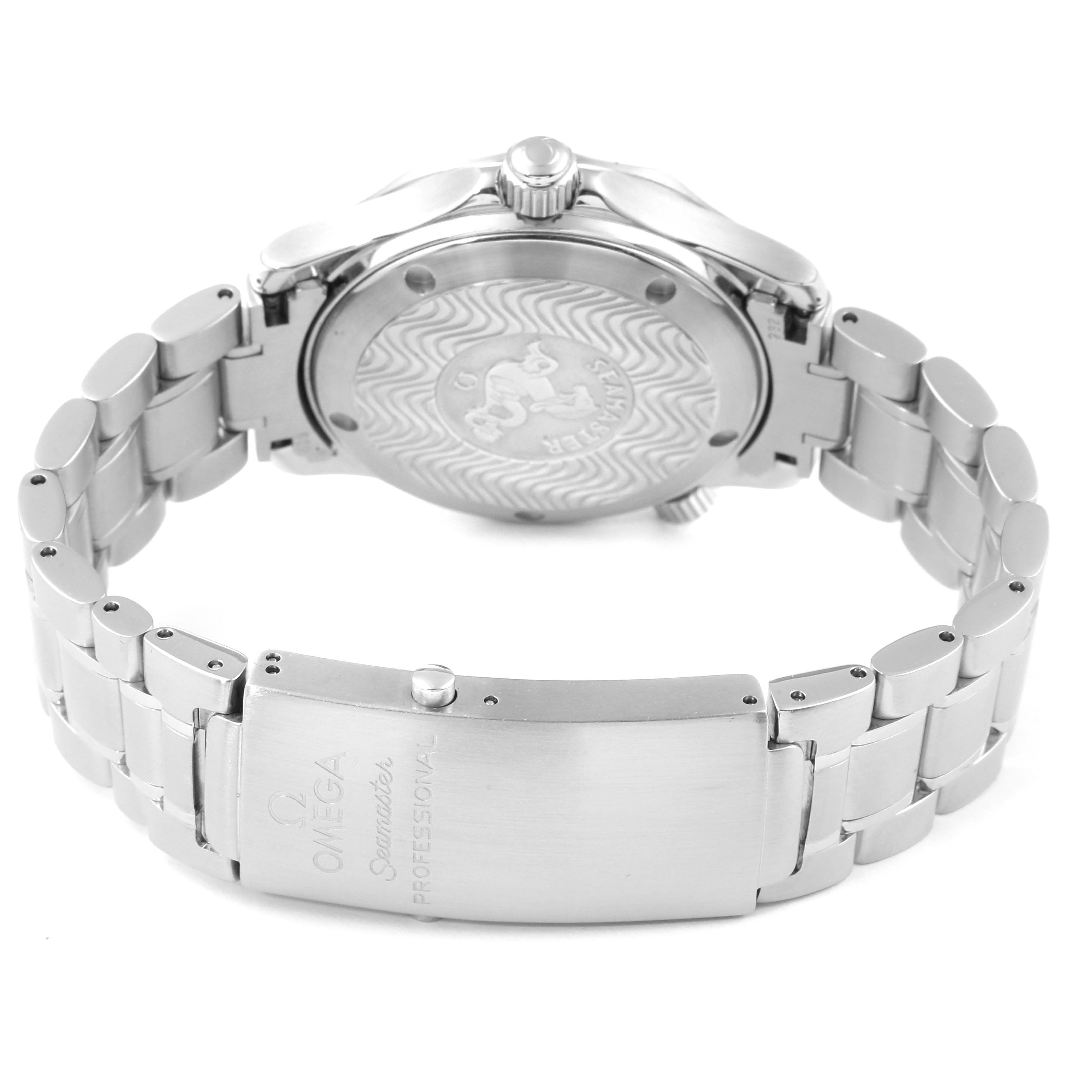 The image shows the back case and bracelet clasp of an Omega Seamaster 2263.80.00 Men
s Stainless Steel Blue Dial 2263.80.00 Men
s Stainless Steel Blue Dial watch, highlighting the engraved design and branding.