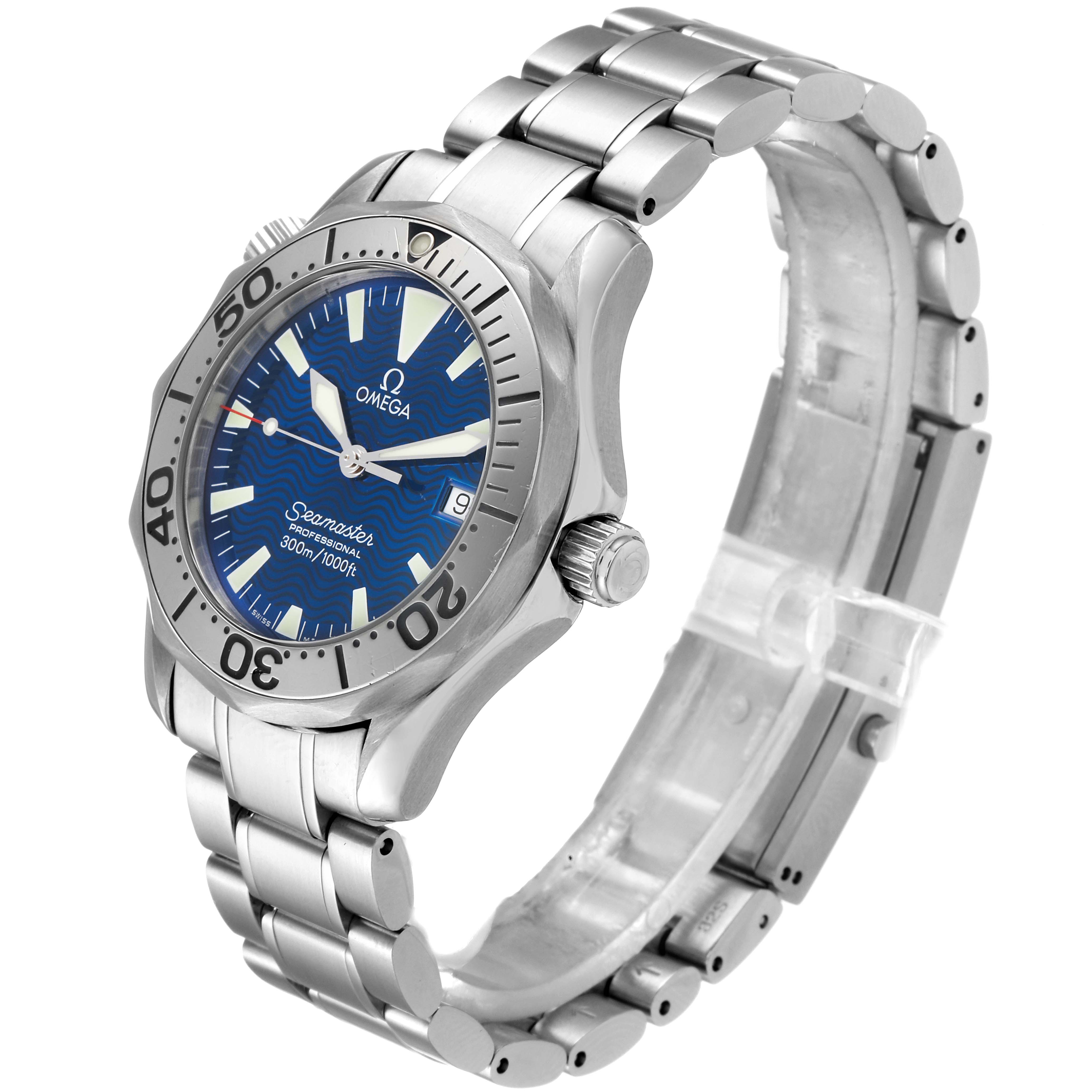 This Omega Seamaster 2263.80.00 Men
s Stainless Steel Blue Dial 2263.80.00 Men
s Stainless Steel Blue Dial watch is shown in a three-quarter view, displaying its face, bezel, crown, and stainless steel band.