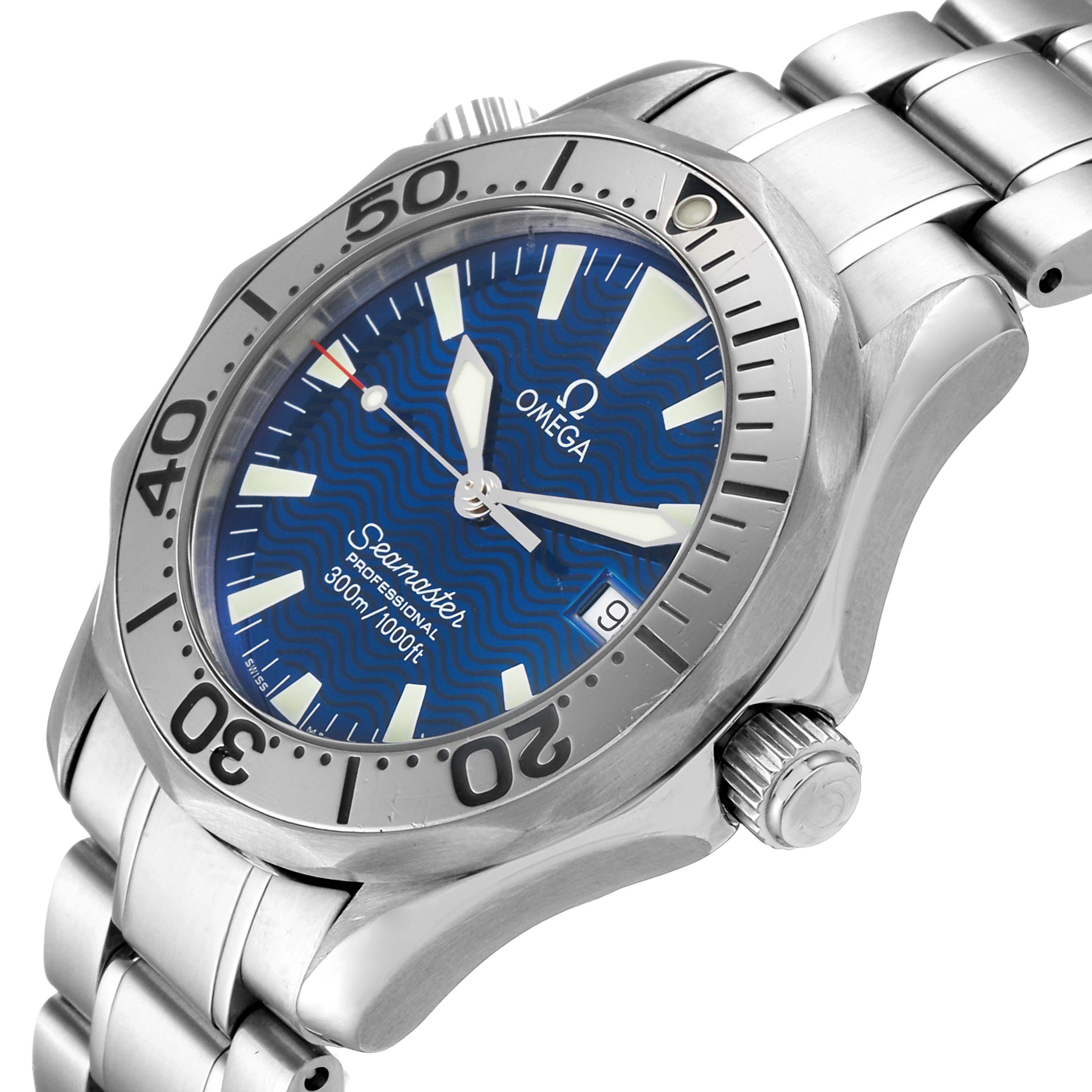 The Omega Seamaster 2263.80.00 Men
s Stainless Steel Blue Dial 2263.80.00 Men
s Stainless Steel Blue Dial watch is shown at an angle highlighting its face, bezel, crown, and metal bracelet.