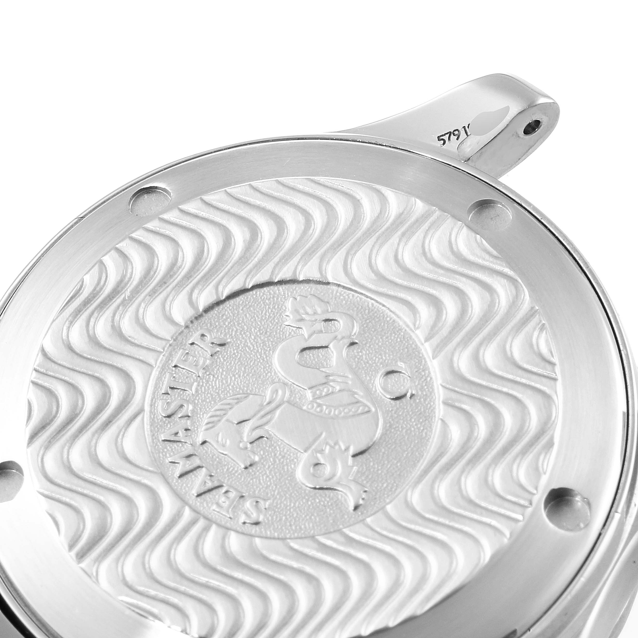 The image shows the back case of an Omega Seamaster 2263.80.00 Men
s Stainless Steel Blue Dial 2263.80.00 Men
s Stainless Steel Blue Dial watch, featuring the iconic seahorse emblem and wavy pattern.