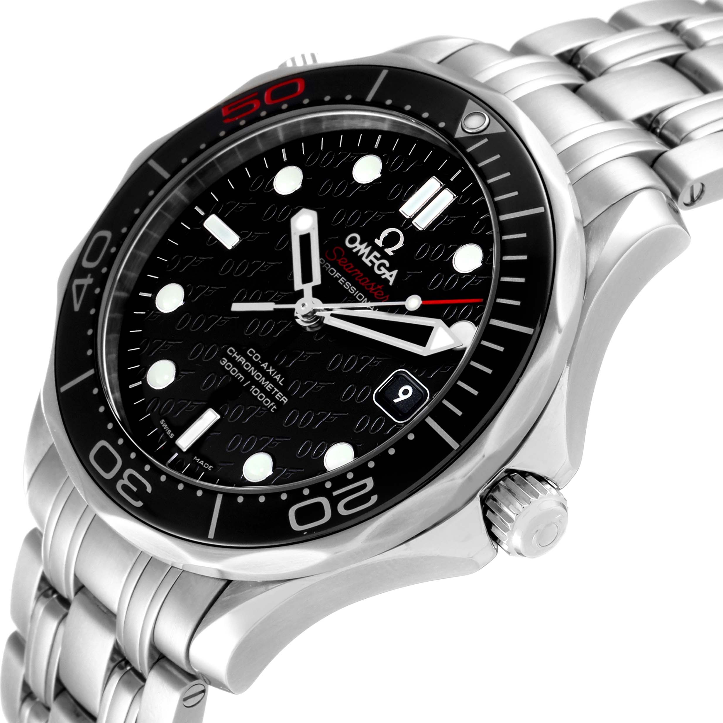 The image shows an oblique view of the Omega Seamaster 212.30.41.20.01.005 Men's Stainless Steel Black Dial 212.30.41.20.01.005 Men's Stainless Steel Black Dial watch, highlighting the case, bezel, dial, crown, and bracelet.