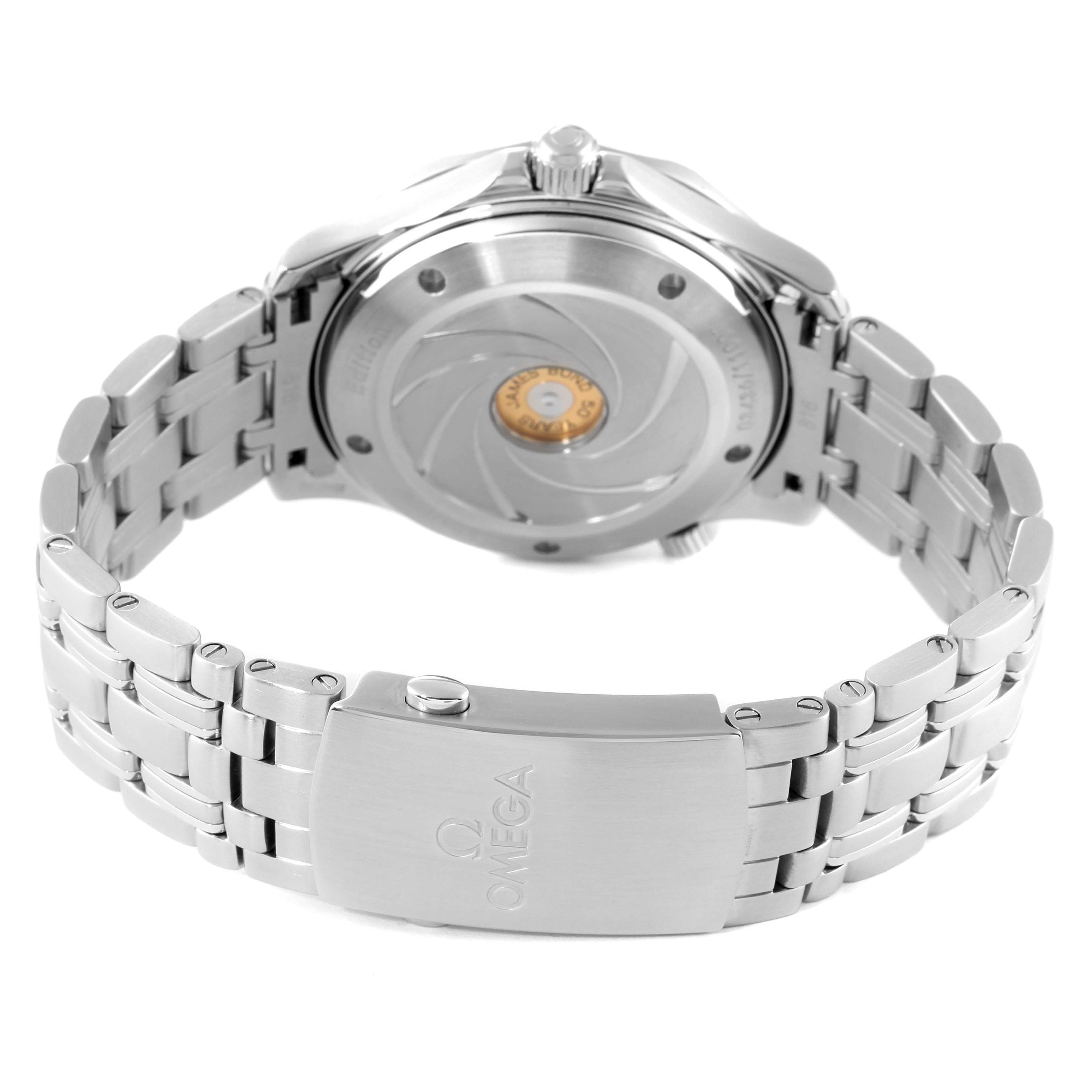 The image shows the back view of the Omega Seamaster 212.30.41.20.01.005 Men's Stainless Steel Black Dial 212.30.41.20.01.005 Men's Stainless Steel Black Dial watch, highlighting the case back and the bracelet with the Omega logo on the clasp.