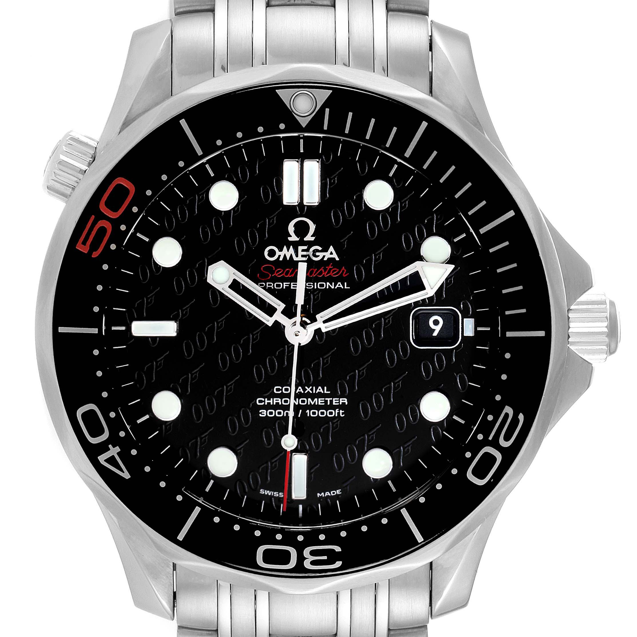 This image shows a front view of the Omega Seamaster 212.30.41.20.01.005 Men's Stainless Steel Black Dial 212.30.41.20.01.005 Men's Stainless Steel Black Dial watch face, bezel, crown, and part of the bracelet.