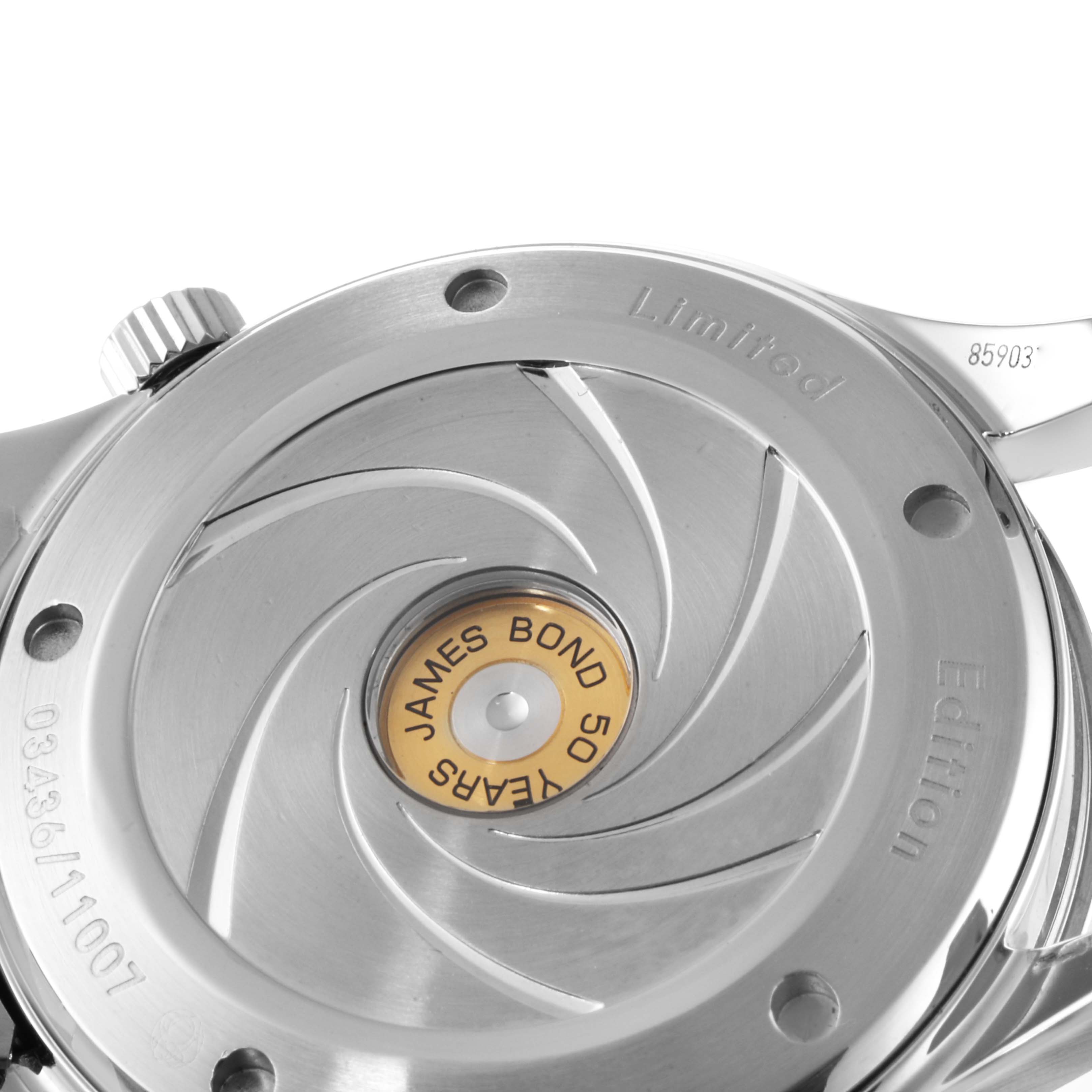 The image shows the case back of an Omega Seamaster 212.30.41.20.01.005 Men's Stainless Steel Black Dial 212.30.41.20.01.005 Men's Stainless Steel Black Dial watch, specifically the James Bond 50 Years Limited Edition model.