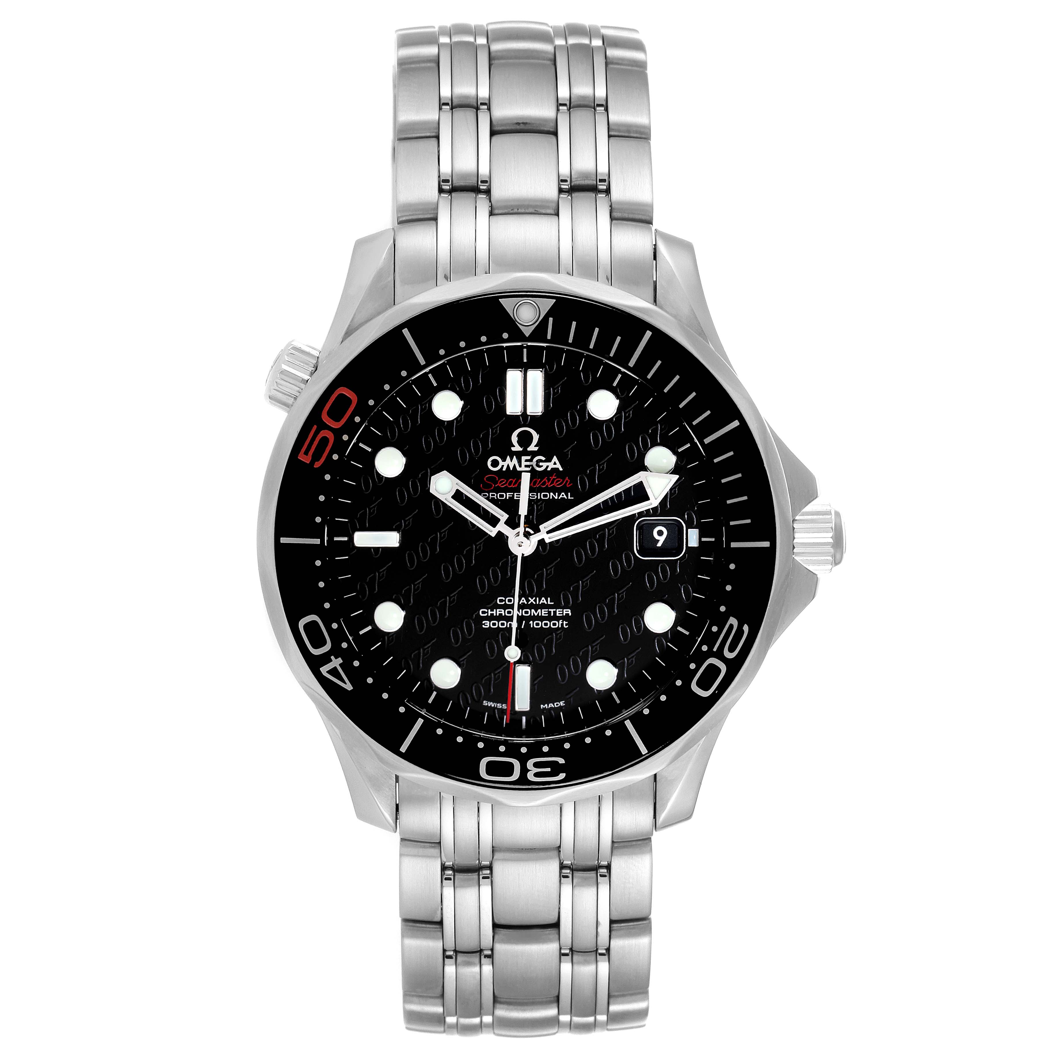 The image shows a front view of the Omega Seamaster 212.30.41.20.01.005 Men's Stainless Steel Black Dial 212.30.41.20.01.005 Men's Stainless Steel Black Dial watch, displaying its bracelet, bezel, dial, and crown.