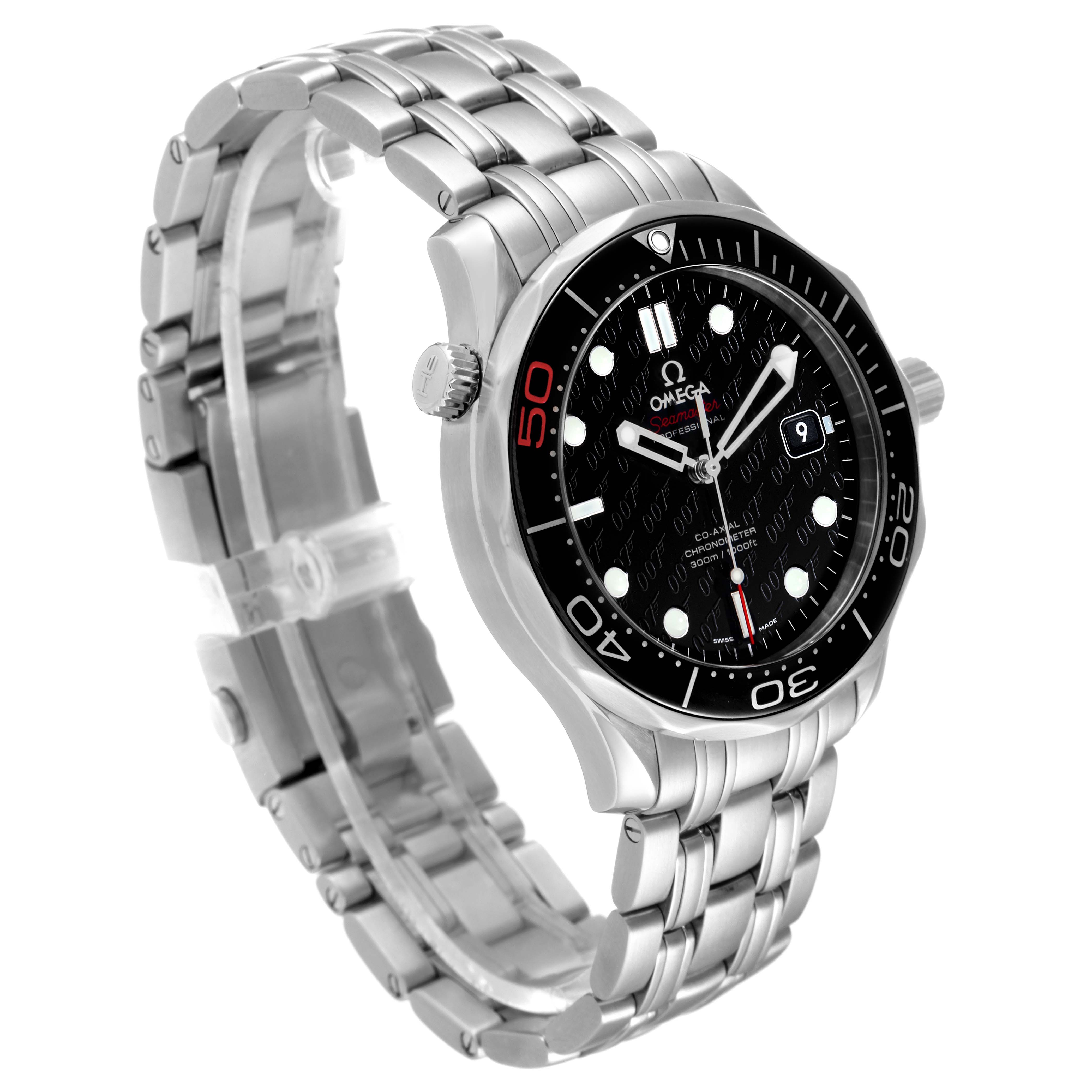 The Omega Seamaster 212.30.41.20.01.005 Men's Stainless Steel Black Dial 212.30.41.20.01.005 Men's Stainless Steel Black Dial watch is shown from a three-quarter angle, displaying its face, bezel, crown, and steel bracelet.