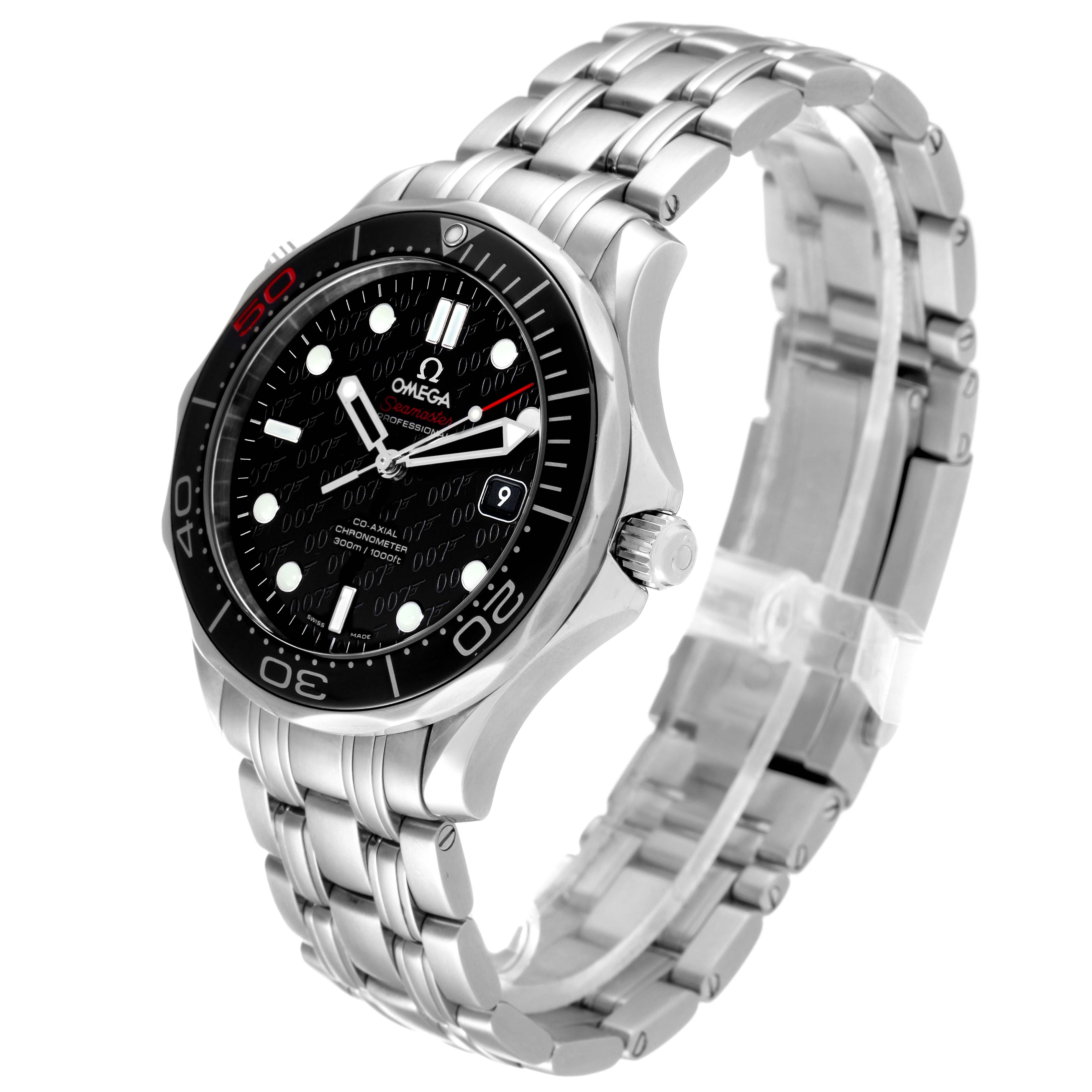 This image shows a partial side view of an Omega Seamaster 212.30.41.20.01.005 Men's Stainless Steel Black Dial 212.30.41.20.01.005 Men's Stainless Steel Black Dial watch, highlighting its metallic bracelet and detailed black dial.