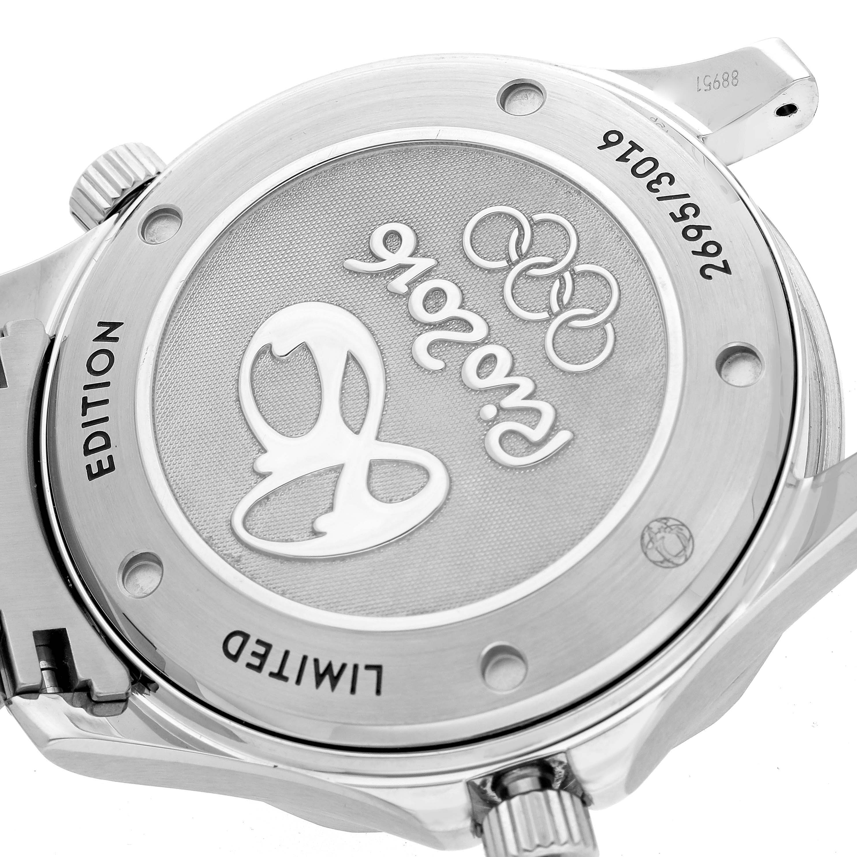 The image shows the back casing of the Omega Seamaster 522.30.41.20.01.001 Men's Stainless Steel Black Dial 522.30.41.20.01.001 Men's Stainless Steel Black Dial watch, featuring "RIO2016" and the Olympic rings.