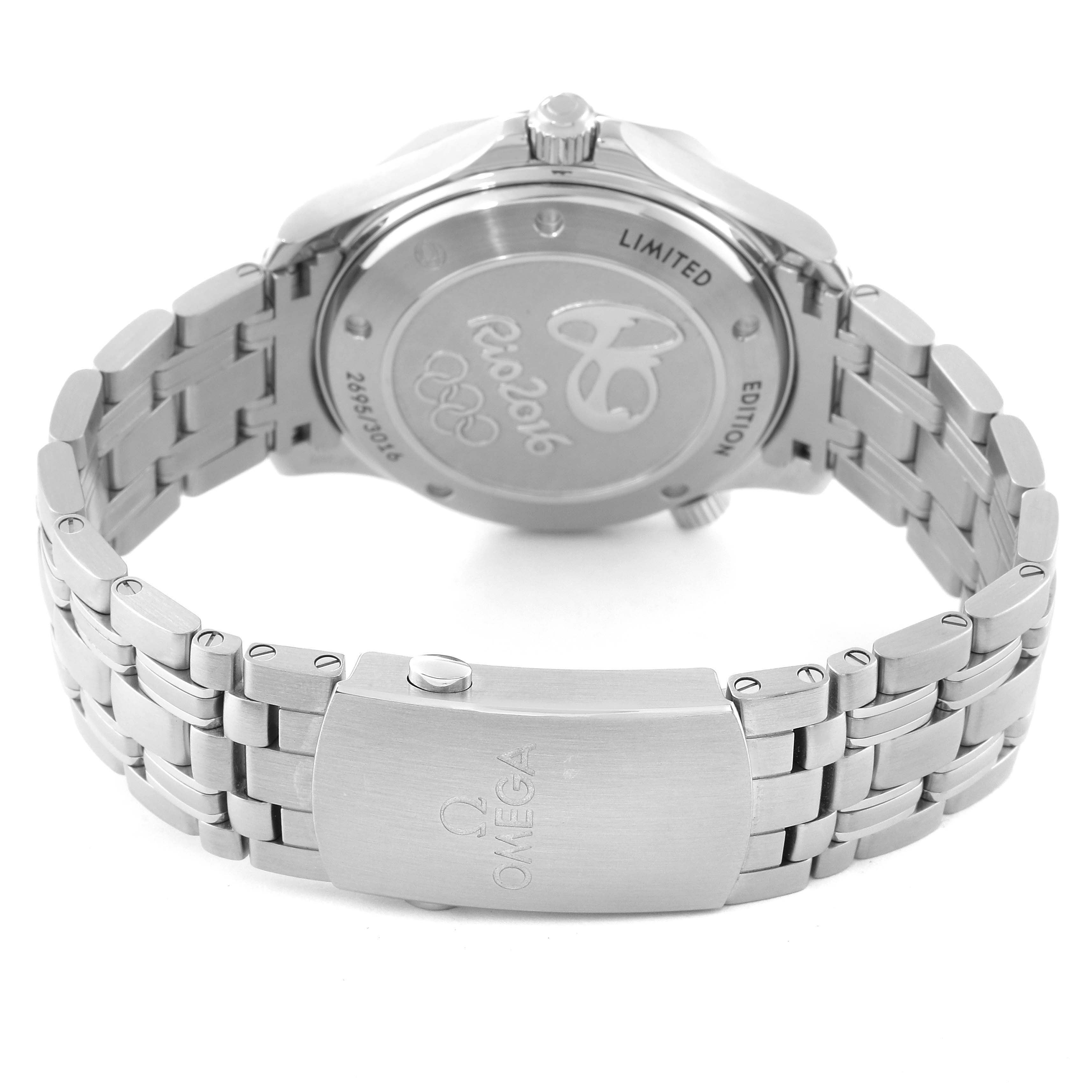The image shows the back and bracelet clasp of the Omega Seamaster 522.30.41.20.01.001 Men's Stainless Steel Black Dial 522.30.41.20.01.001 Men's Stainless Steel Black Dial watch, highlighting the "Rio 2016" limited edition engraving.