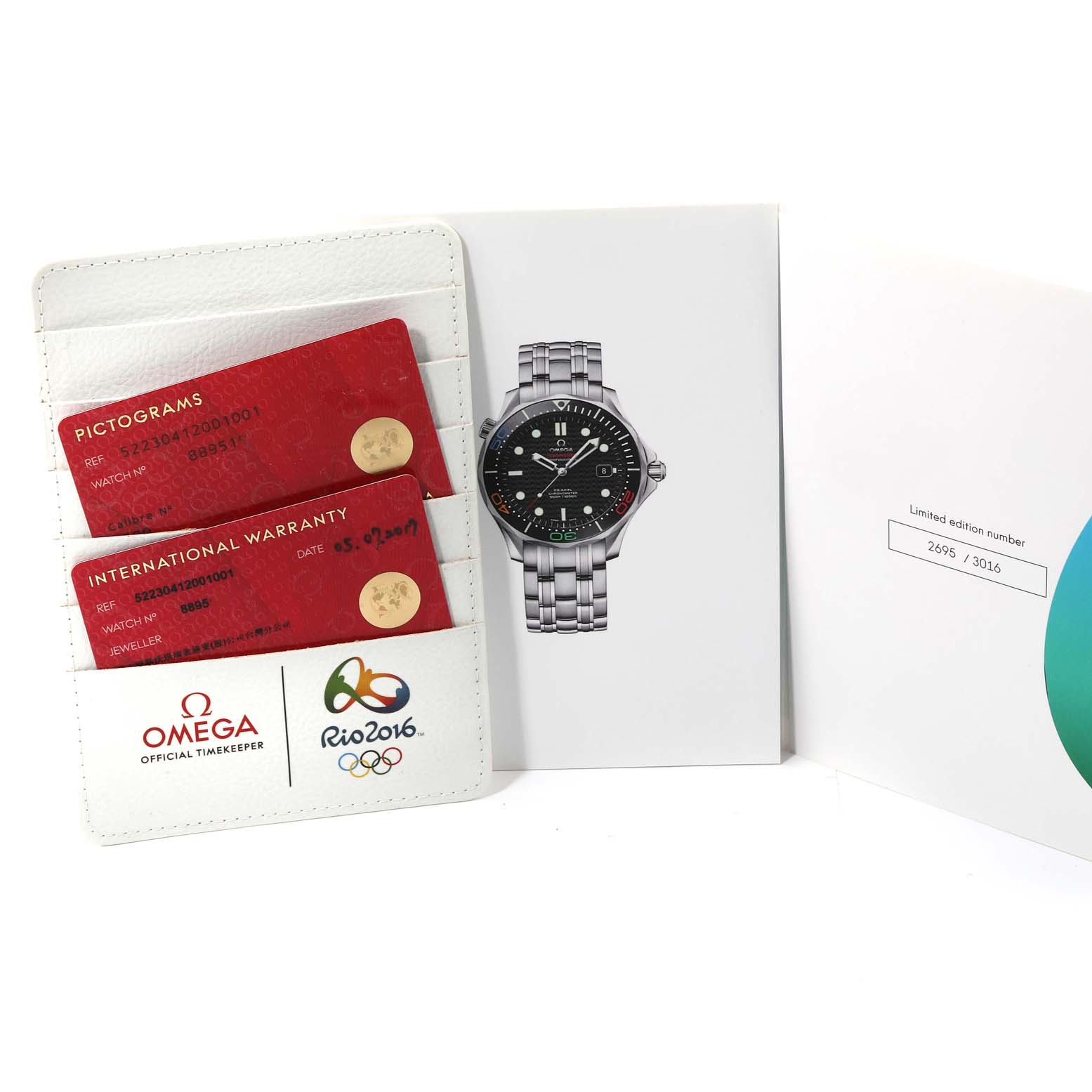 The image shows an Omega Seamaster 522.30.41.20.01.001 Men's Stainless Steel Black Dial 522.30.41.20.01.001 Men's Stainless Steel Black Dial watch along with its international warranty cards, pictograms, and limited edition certificate.