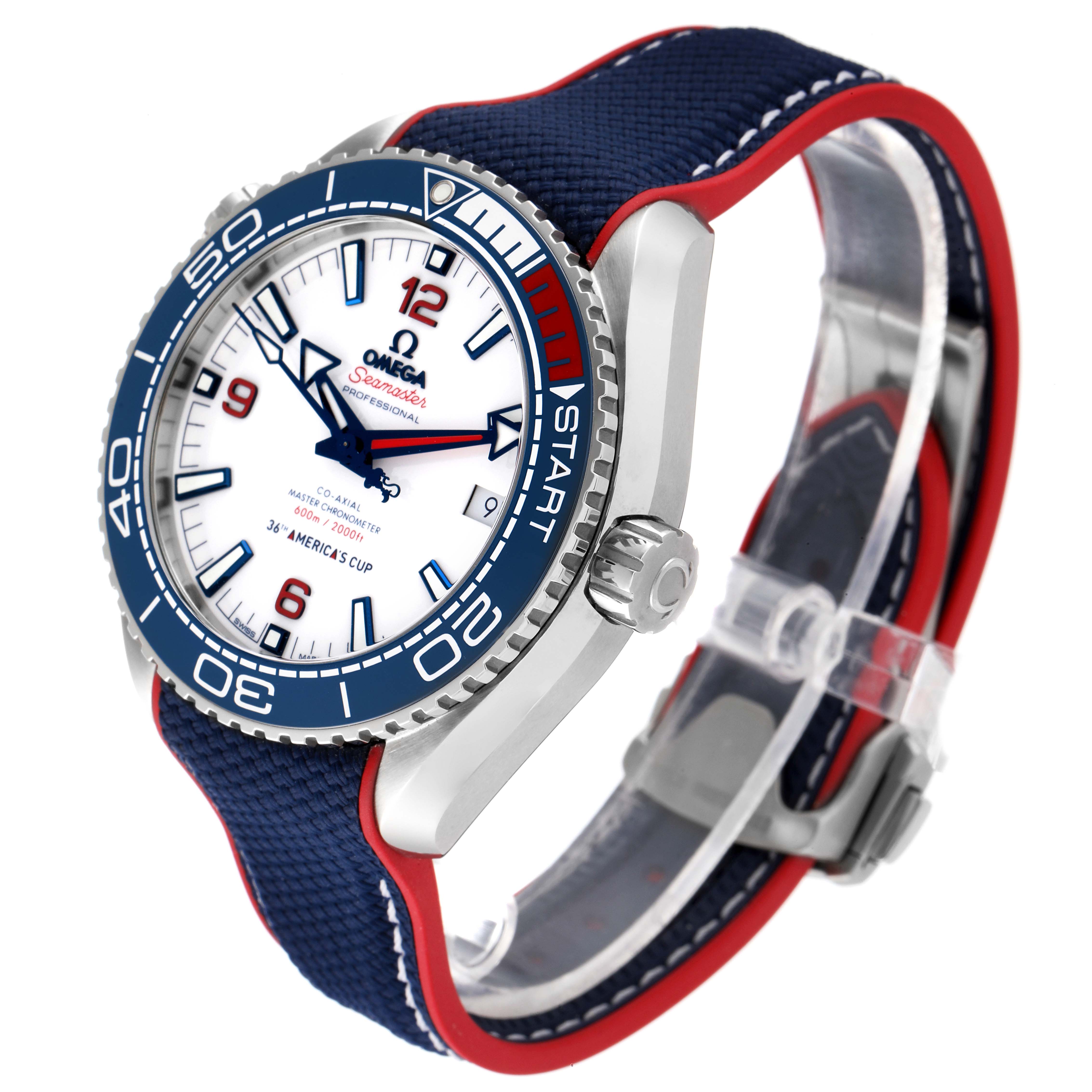 The Omega Planet Ocean 215.32.43.21.04.001 Men's Stainless Steel White Dial 215.32.43.21.04.001 Men's Stainless Steel White Dial watch is shown from an angled side view, displaying its face, bezel, crown, and strap attachment.