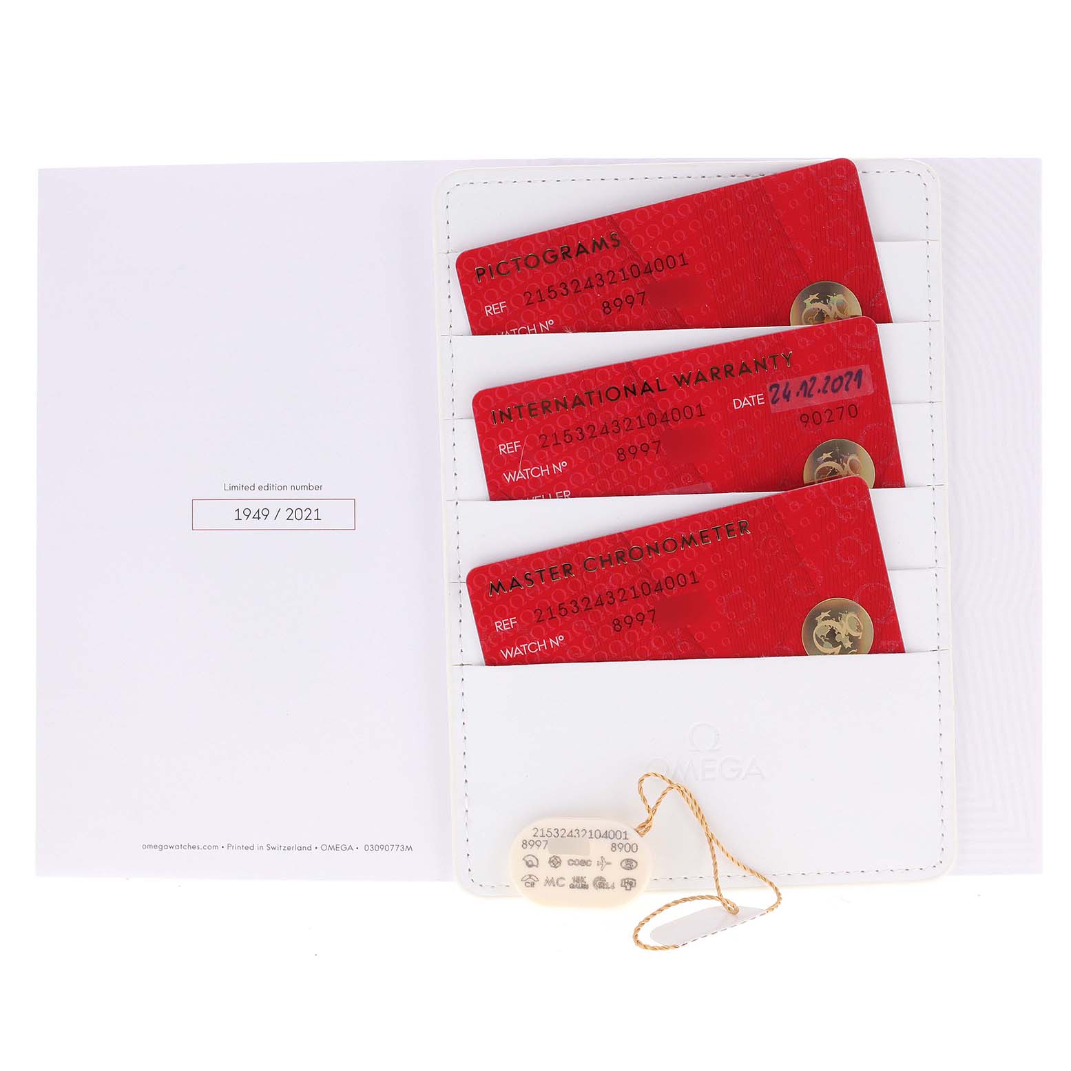 The image shows cards and a tag for an Omega Planet Ocean 215.32.43.21.04.001 Men's Stainless Steel White Dial 215.32.43.21.04.001 Men's Stainless Steel White Dial watch, displayed in a white cardholder.