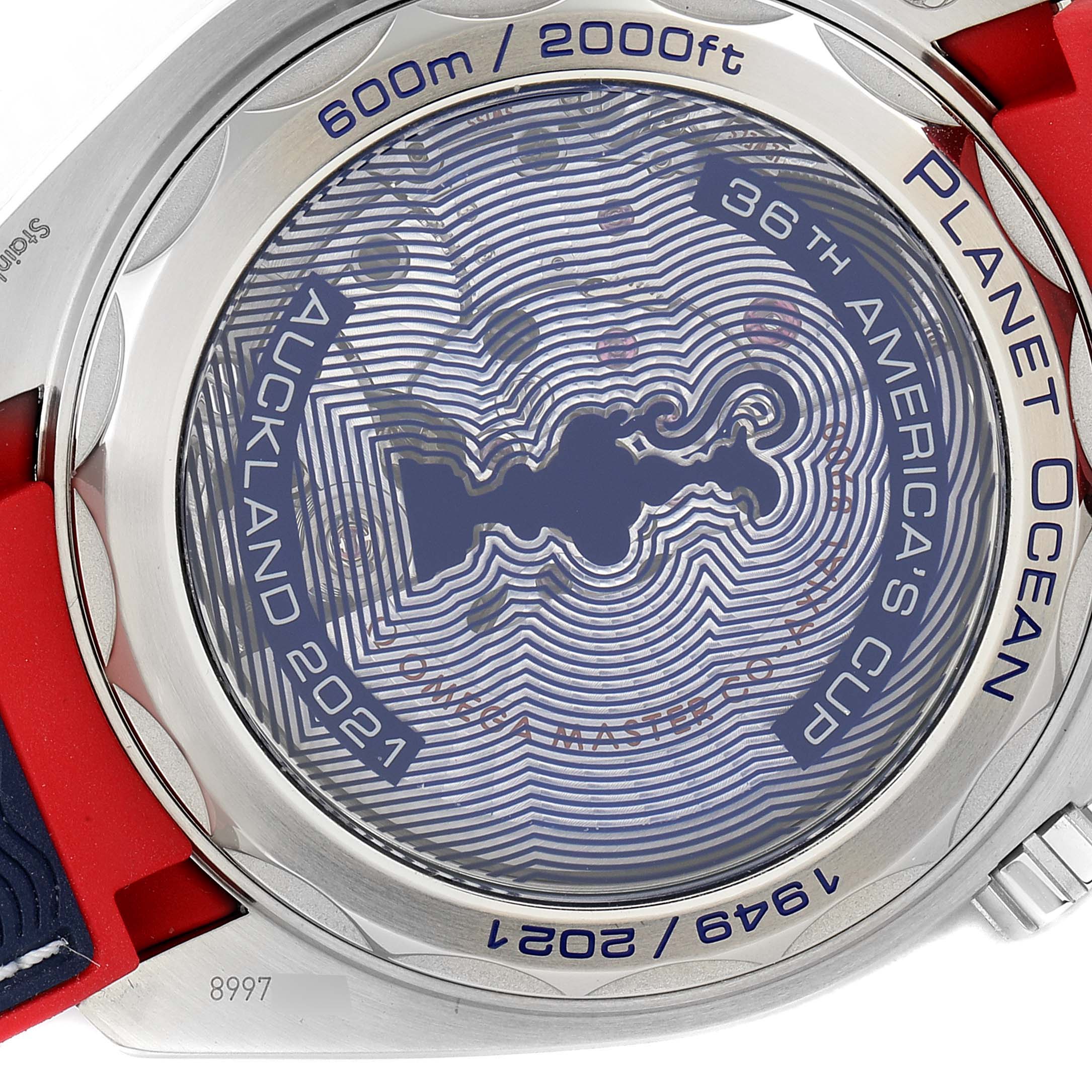 The image shows the back casing of the Omega Planet Ocean 215.32.43.21.04.001 Men's Stainless Steel White Dial 215.32.43.21.04.001 Men's Stainless Steel White Dial watch, highlighting engravings and design details.