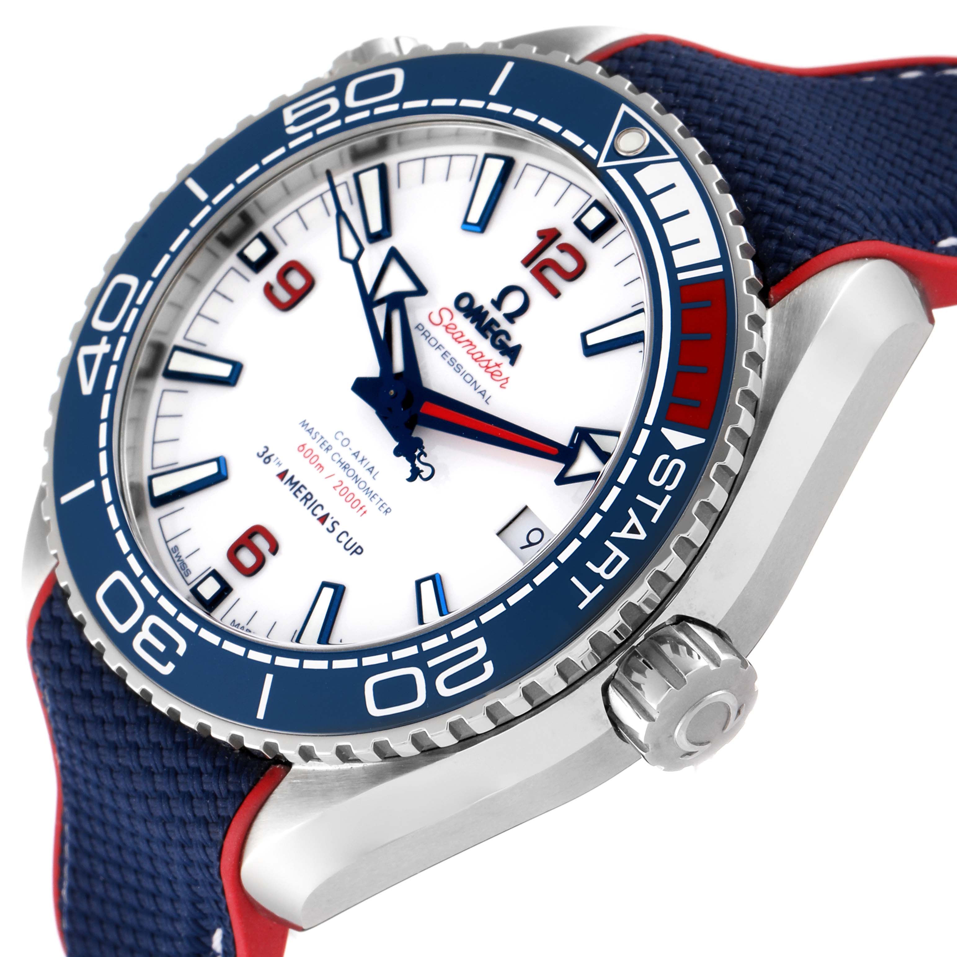 This image shows an angled close-up of the Omega Seamaster Planet Ocean's dial and bezel, highlighting its markings and crown.