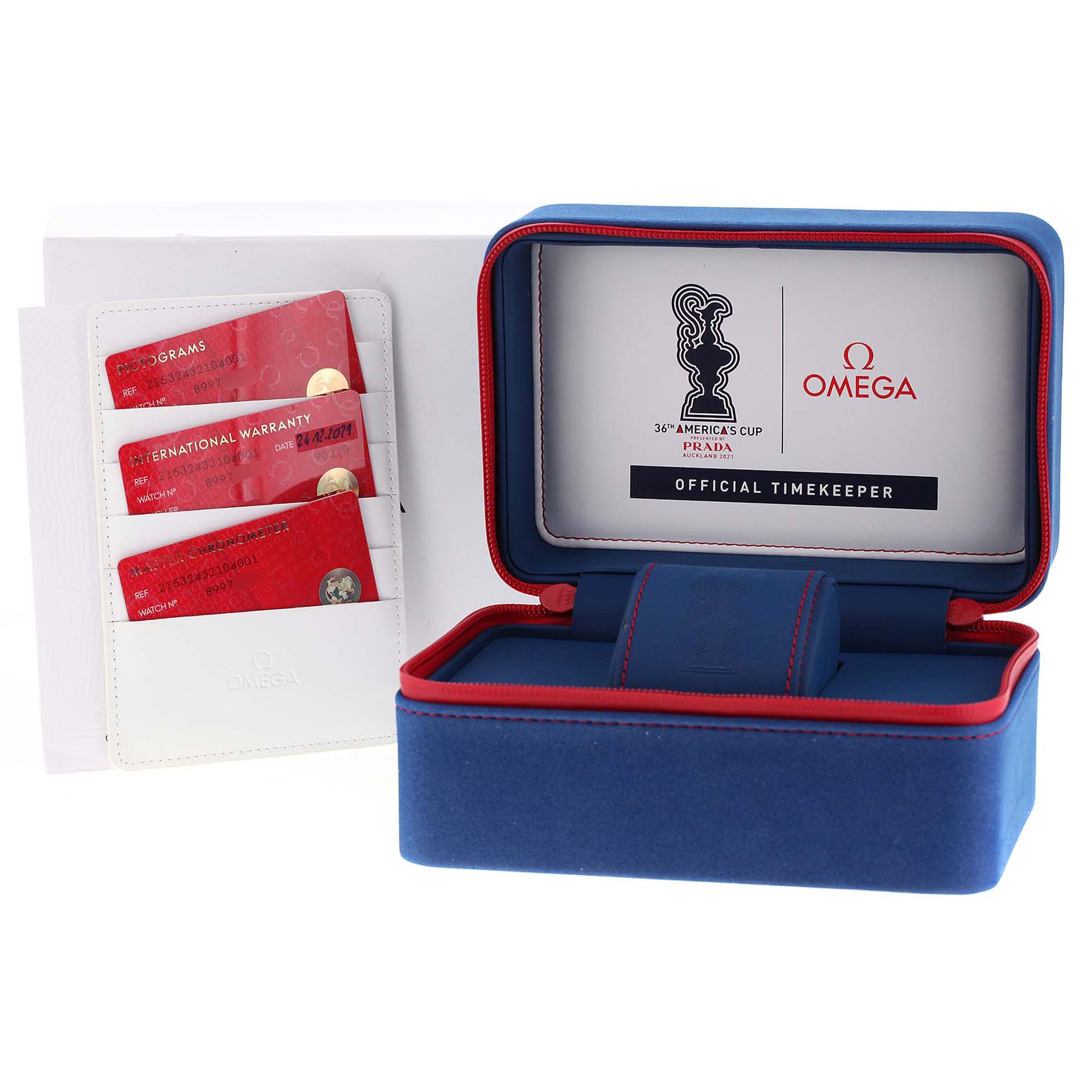 The image shows the Omega Planet Ocean 215.32.43.21.04.001 Men's Stainless Steel White Dial 215.32.43.21.04.001 Men's Stainless Steel White Dial watch box and warranty cards from various angles, including an open case interior.