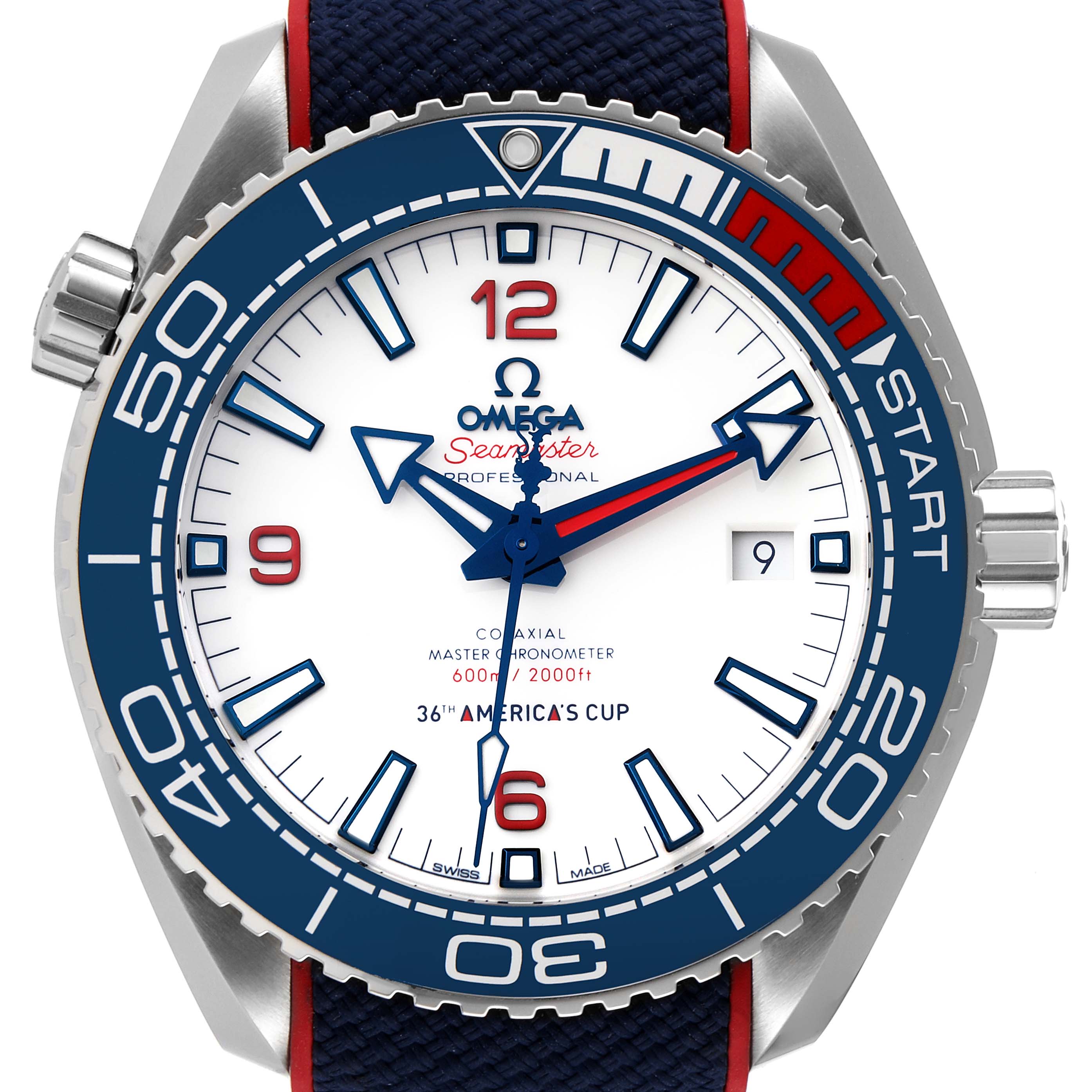The image shows a front view of the Omega Seamaster Planet Ocean watch, including its dial, bezel, and crown.