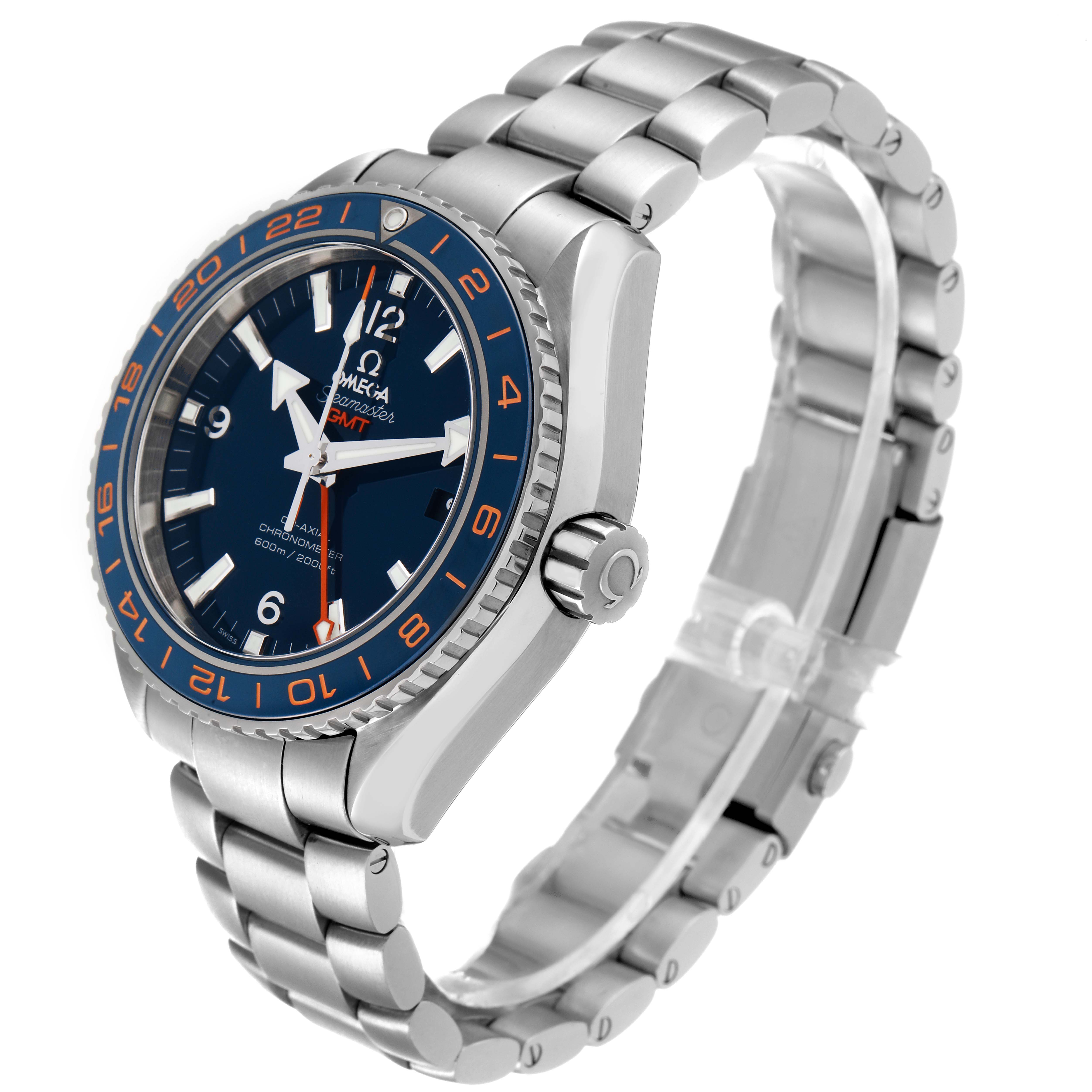 The image shows a side angle of the Omega Planet Ocean 232.30.44.22.03.001 Men's Stainless Steel Blue Dial 232.30.44.22.03.001 Men's Stainless Steel Blue Dial watch, highlighting the face, bezel, and bracelet.