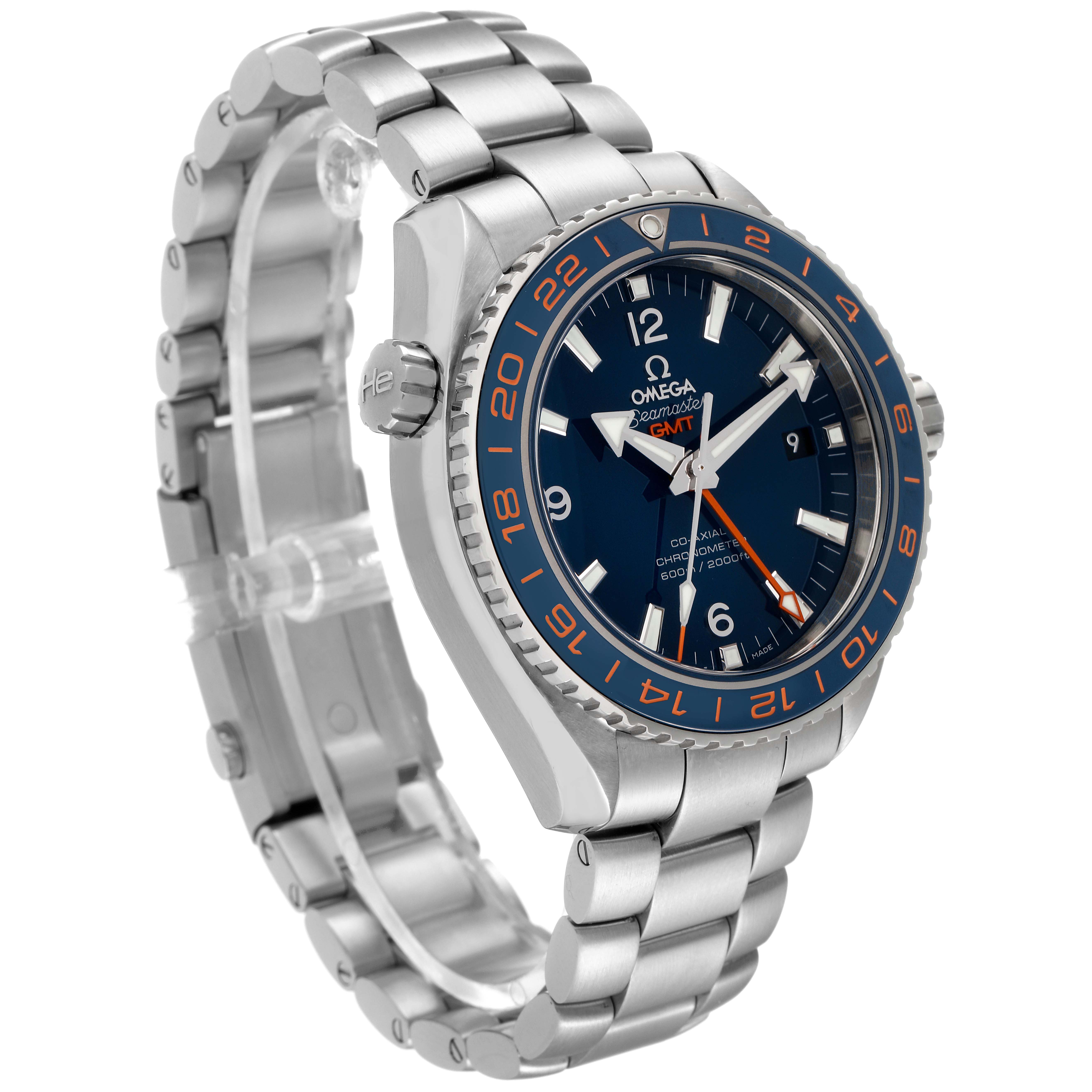 The image shows an Omega Planet Ocean 232.30.44.22.03.001 Men's Stainless Steel Blue Dial 232.30.44.22.03.001 Men's Stainless Steel Blue Dial watch at a three-quarter angle featuring the dial, bezel, crown, and metal bracelet.