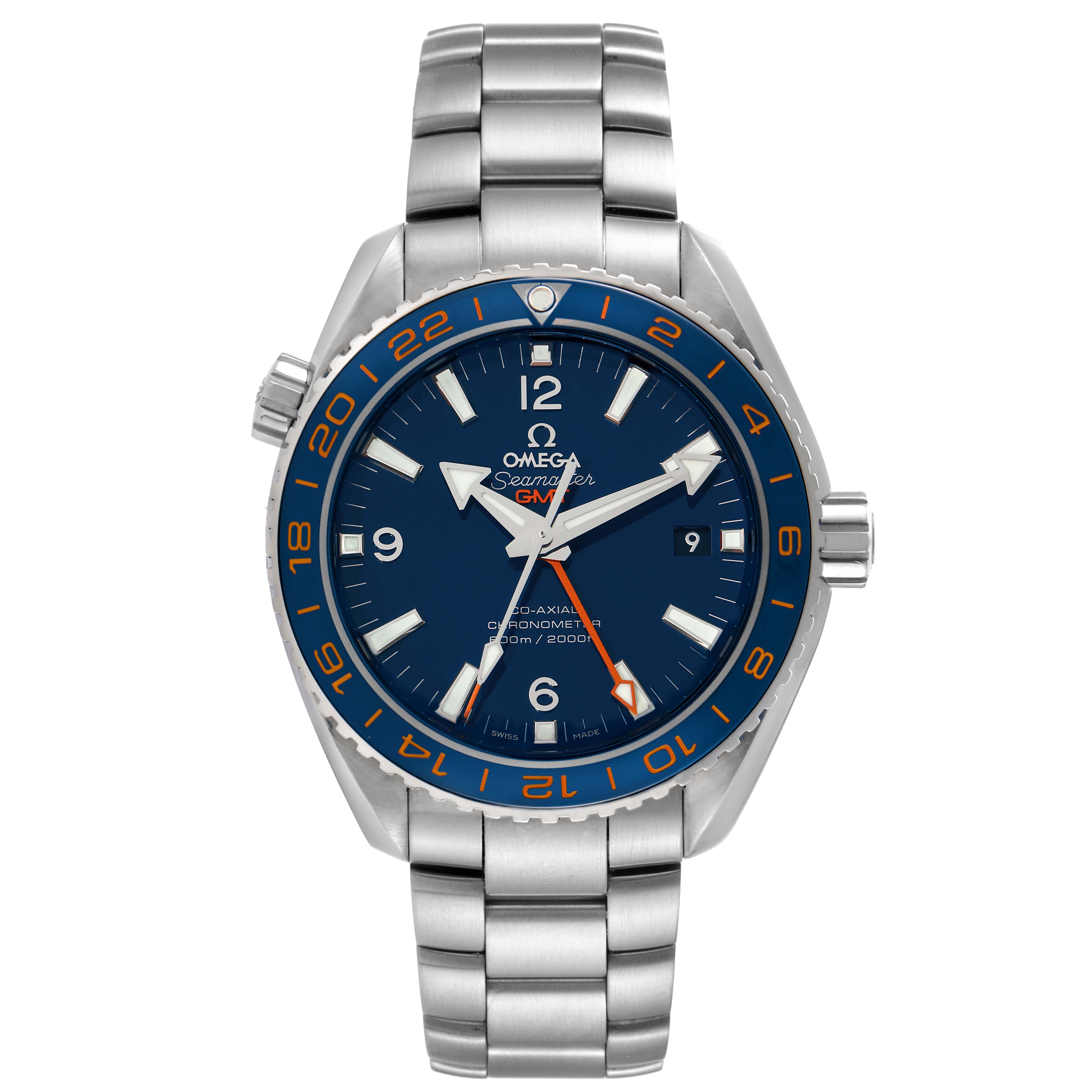 The image shows a front view of the Omega Planet Ocean 232.30.44.22.03.001 Men's Stainless Steel Blue Dial 232.30.44.22.03.001 Men's Stainless Steel Blue Dial watch, displaying the face, bezel, crown, and stainless steel bracelet.