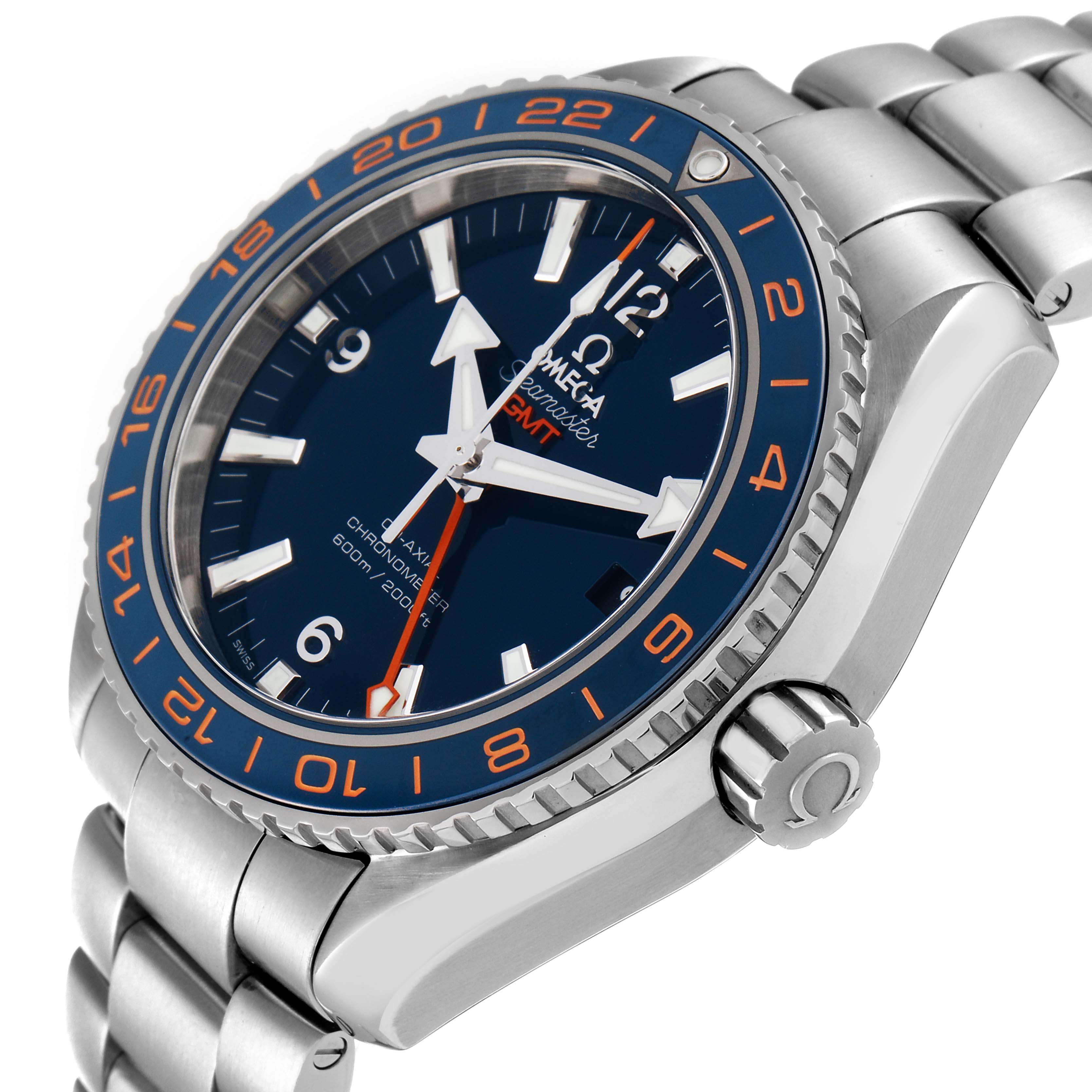 The image displays a side angle of the Omega Planet Ocean 232.30.44.22.03.001 Men's Stainless Steel Blue Dial 232.30.44.22.03.001 Men's Stainless Steel Blue Dial watch, showcasing its dial, bezel, bracelet, and crown.