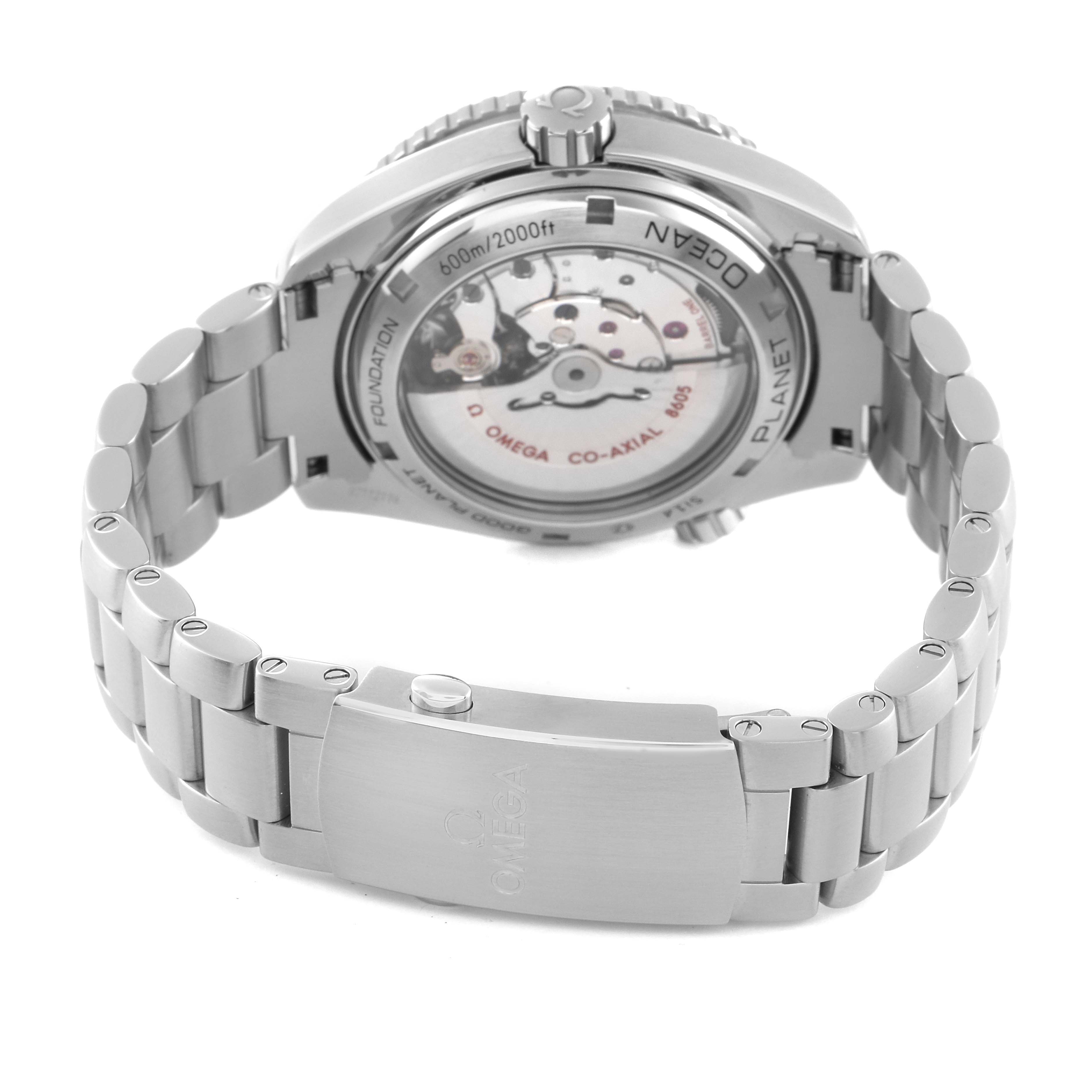 The image shows the back view of the Omega Planet Ocean 232.30.44.22.03.001 Men's Stainless Steel Blue Dial 232.30.44.22.03.001 Men's Stainless Steel Blue Dial watch, displaying its stainless steel case, bracelet, and visible movement.