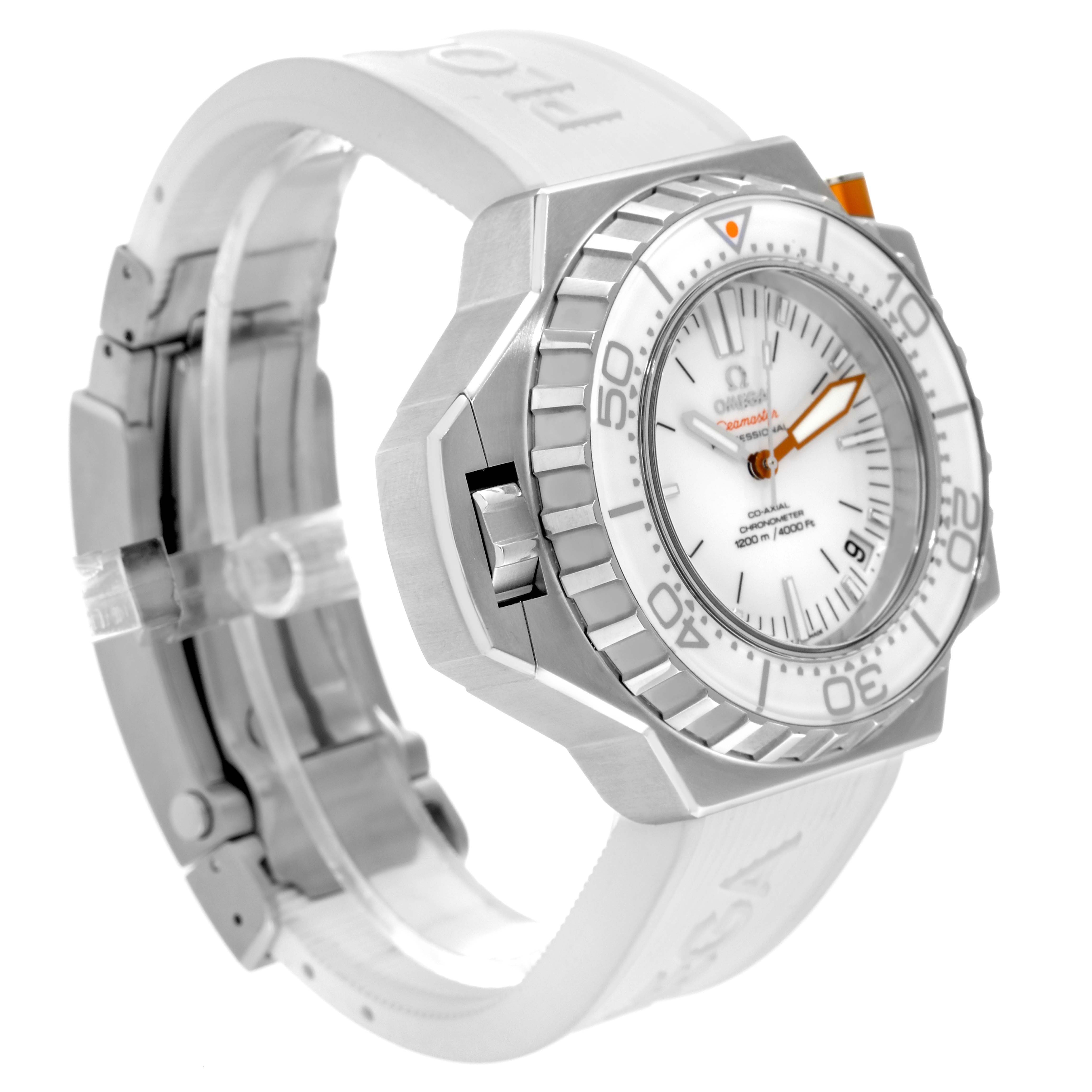The image shows a side-angle view of an Omega Ploprof 224.32.55.21.04.001 Men
s Stainless Steel White Dial 224.32.55.21.04.001 Men
s Stainless Steel White Dial watch, highlighting the bezel, dial, and strap clasp.