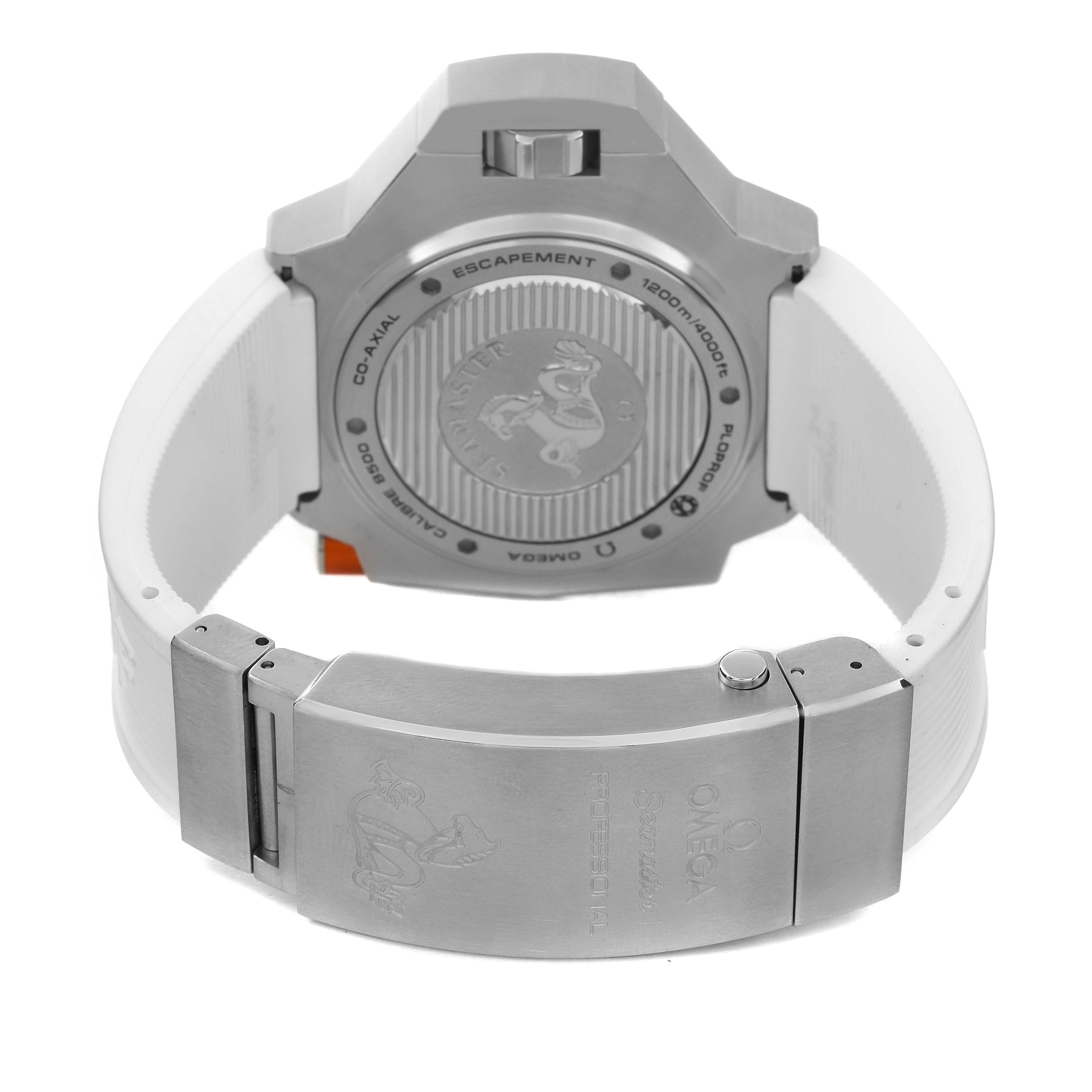 The image shows the back view of the Omega Ploprof 224.32.55.21.04.001 Men
s Stainless Steel White Dial 224.32.55.21.04.001 Men
s Stainless Steel White Dial watch, highlighting the case back and clasp on the white strap.