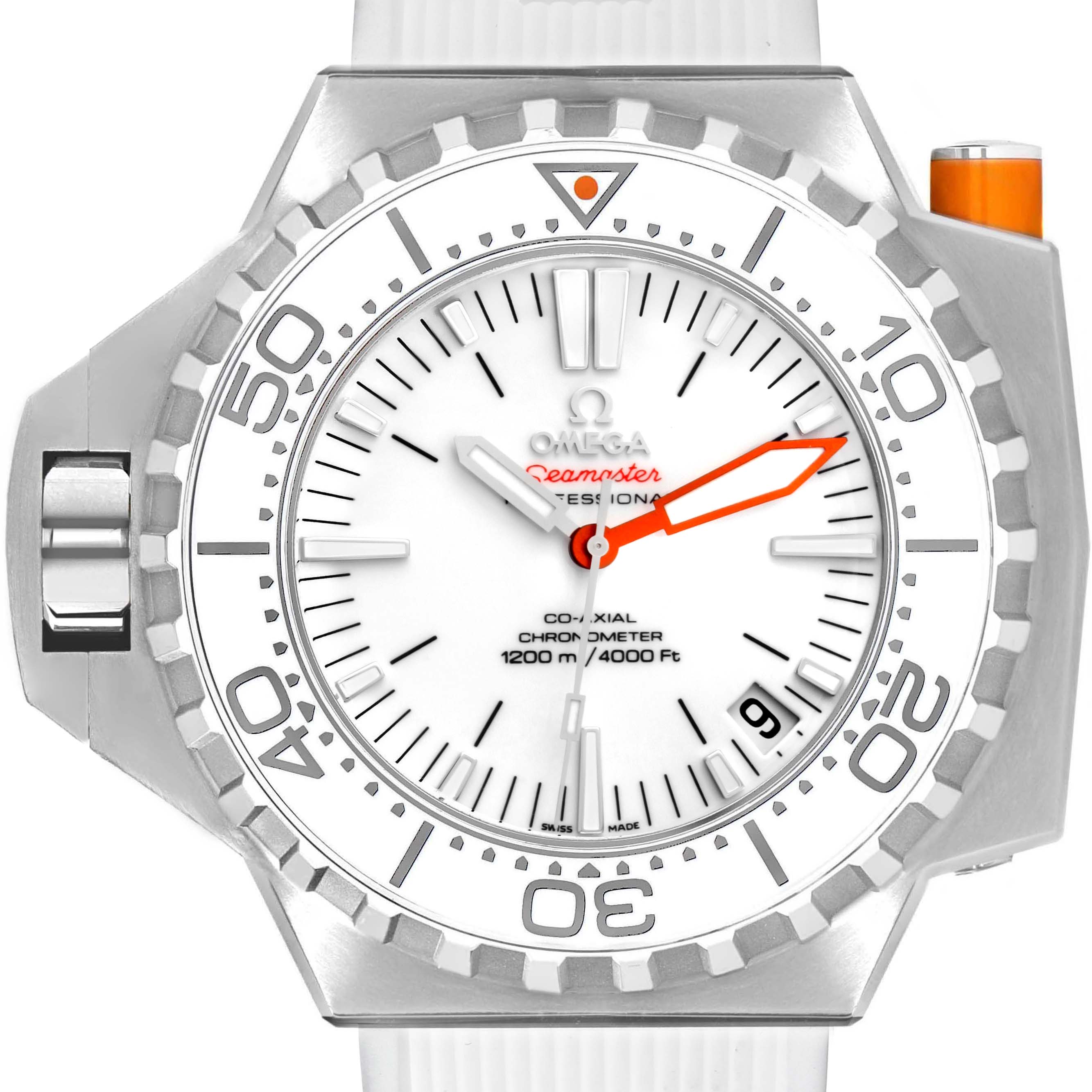 The Omega Ploprof 224.32.55.21.04.001 Men
s Stainless Steel White Dial 224.32.55.21.04.001 Men
s Stainless Steel White Dial watch is shown from a front angle, highlighting the face, bezel, and part of the white strap.