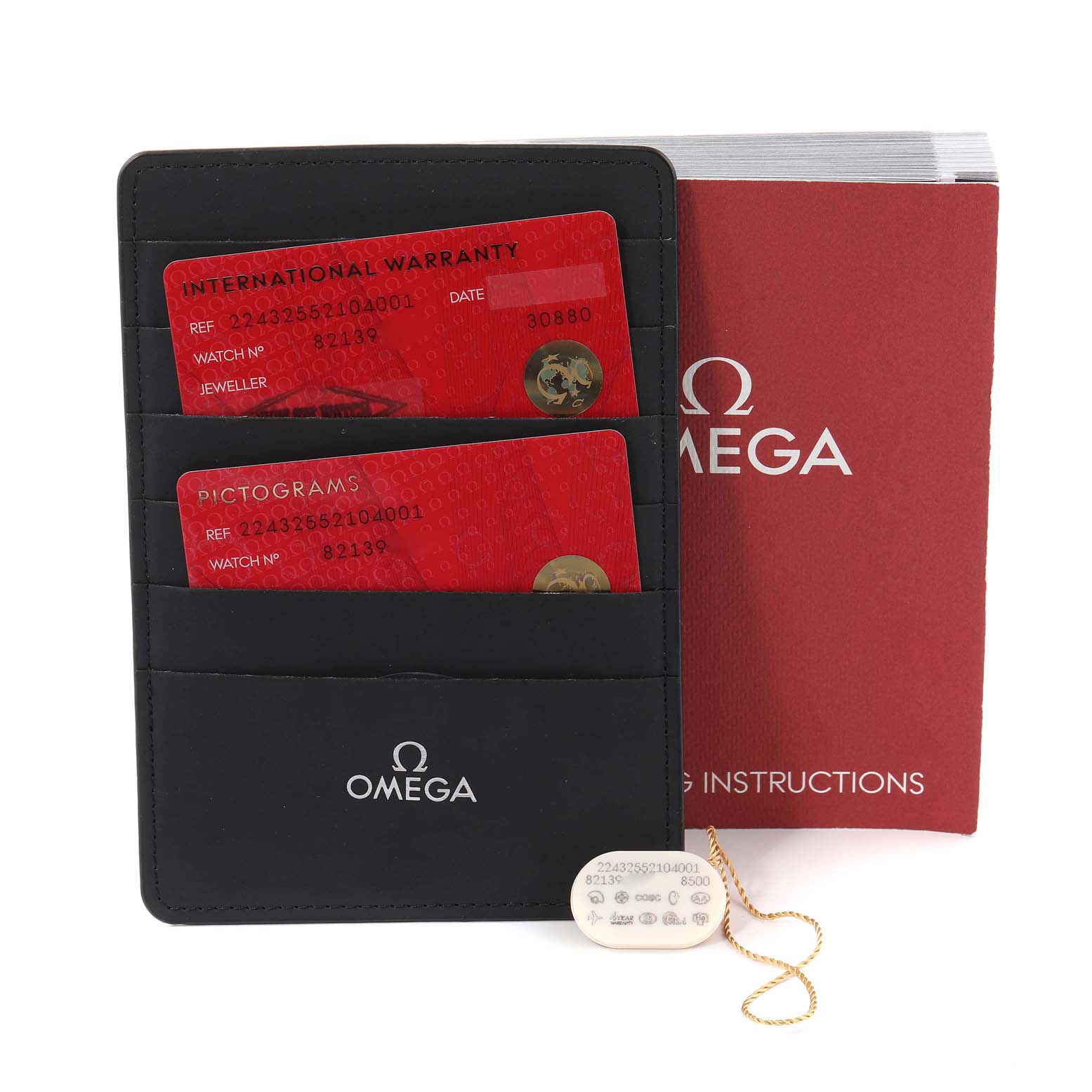 This image shows the warranty cards, booklet, and accessories for the Omega Ploprof 224.32.55.21.04.001 Men
s Stainless Steel White Dial 224.32.55.21.04.001 Men
s Stainless Steel White Dial model.