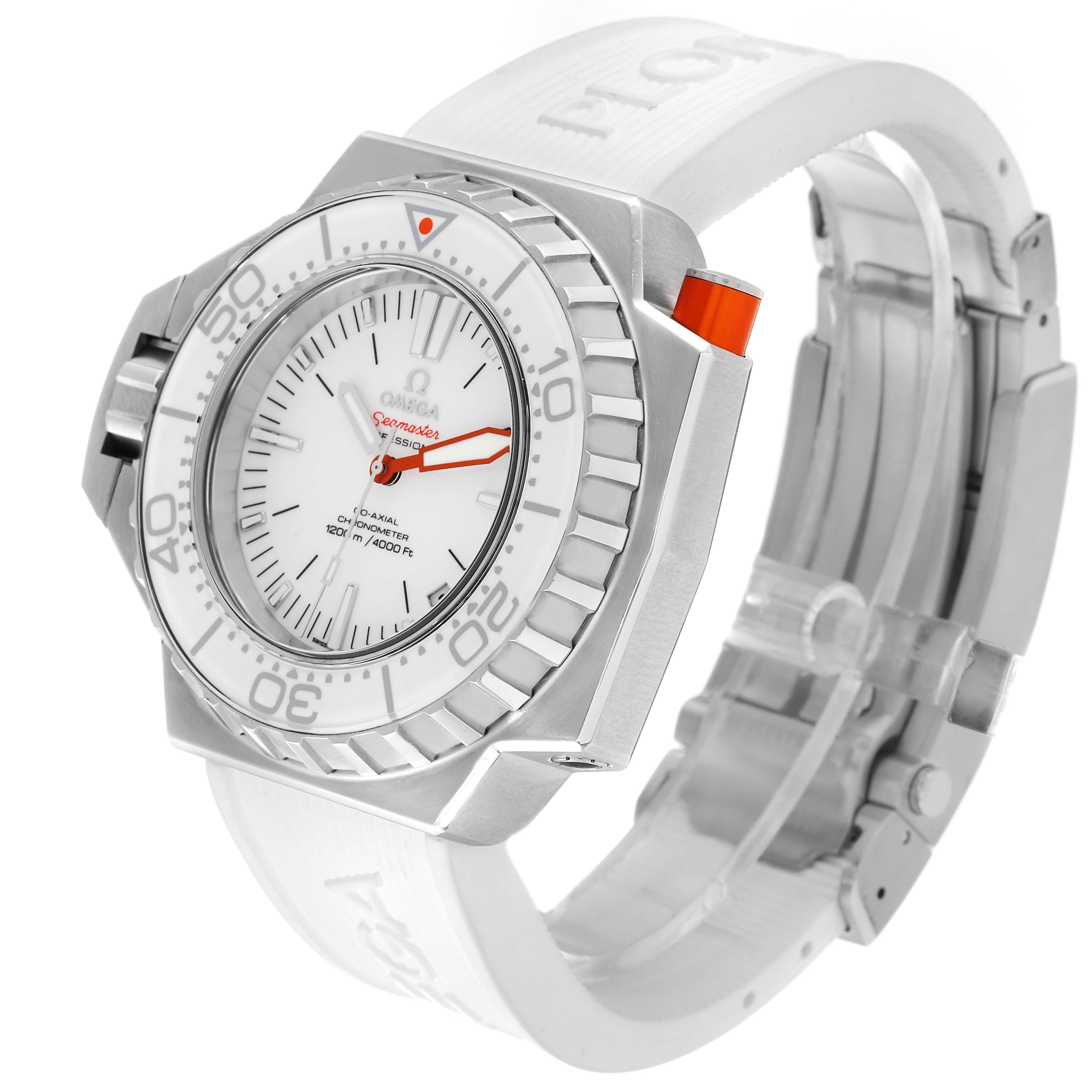 The Omega Ploprof 224.32.55.21.04.001 Men
s Stainless Steel White Dial 224.32.55.21.04.001 Men
s Stainless Steel White Dial model watch is shown at a three-quarter angle, displaying the face, bezel, strap, and clasp.