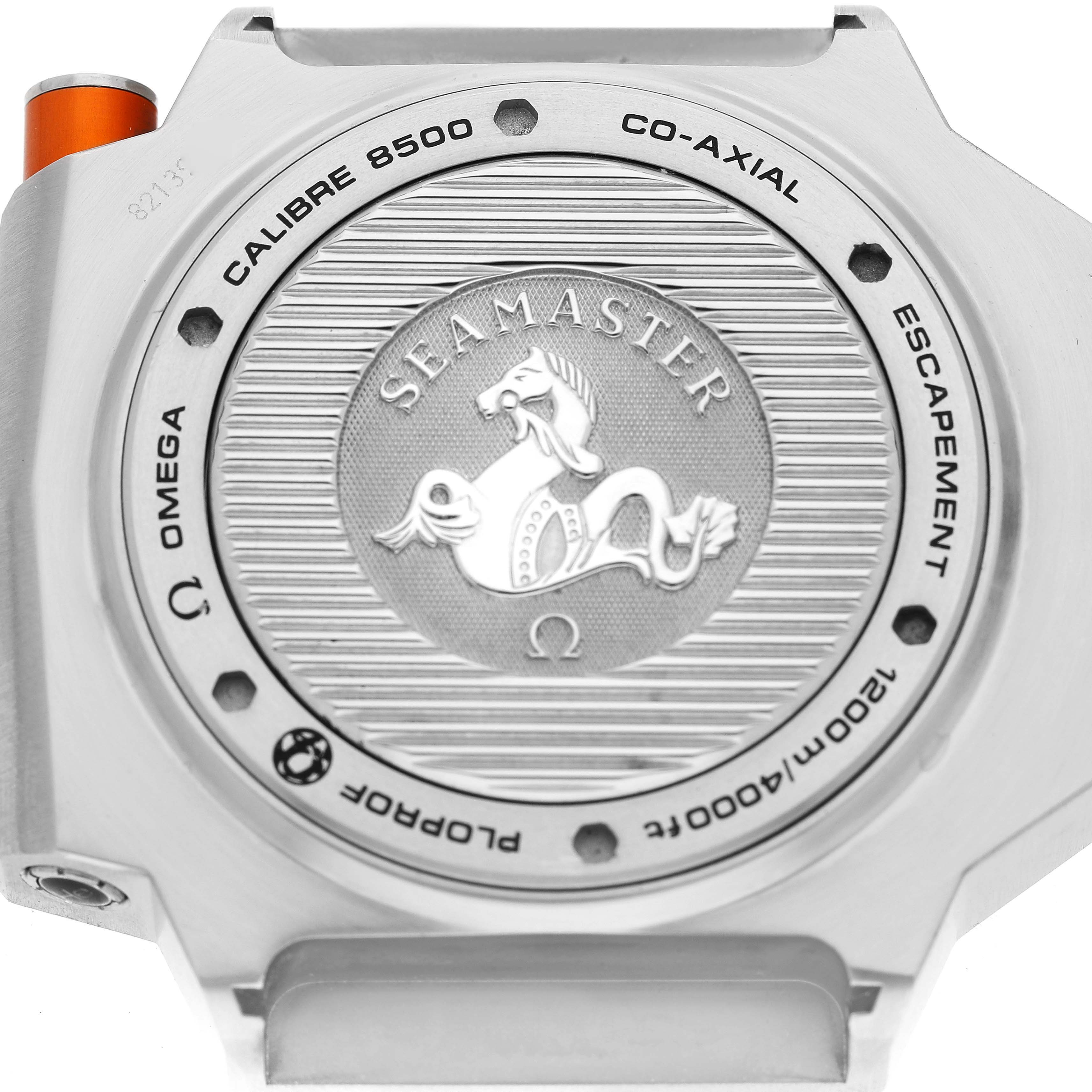 This image shows the case back of the Omega Seamaster Ploprof model.