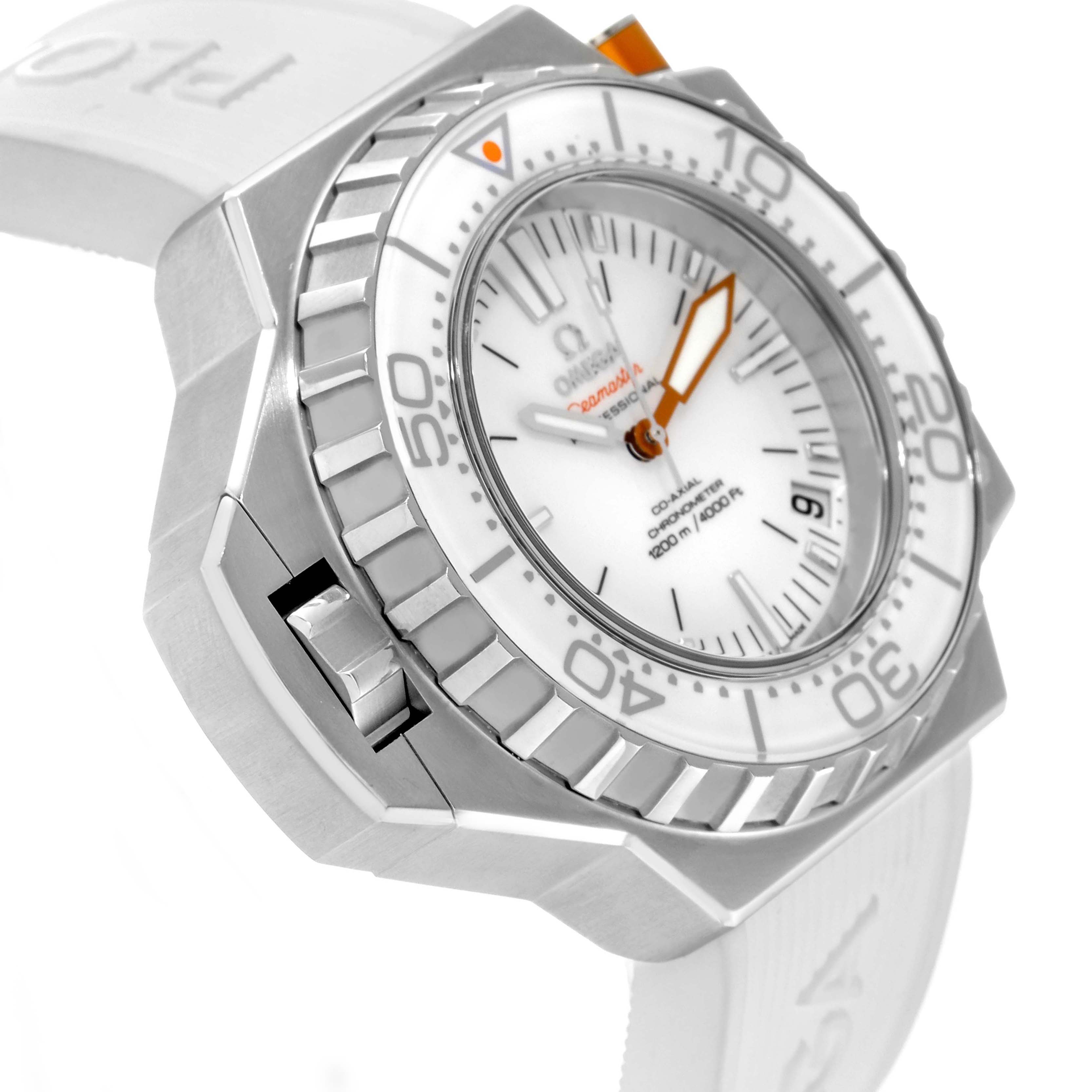 The image shows an angled view of an Omega Ploprof 224.32.55.21.04.001 Men
s Stainless Steel White Dial 224.32.55.21.04.001 Men
s Stainless Steel White Dial watch featuring its face, bezel, and part of its white strap.