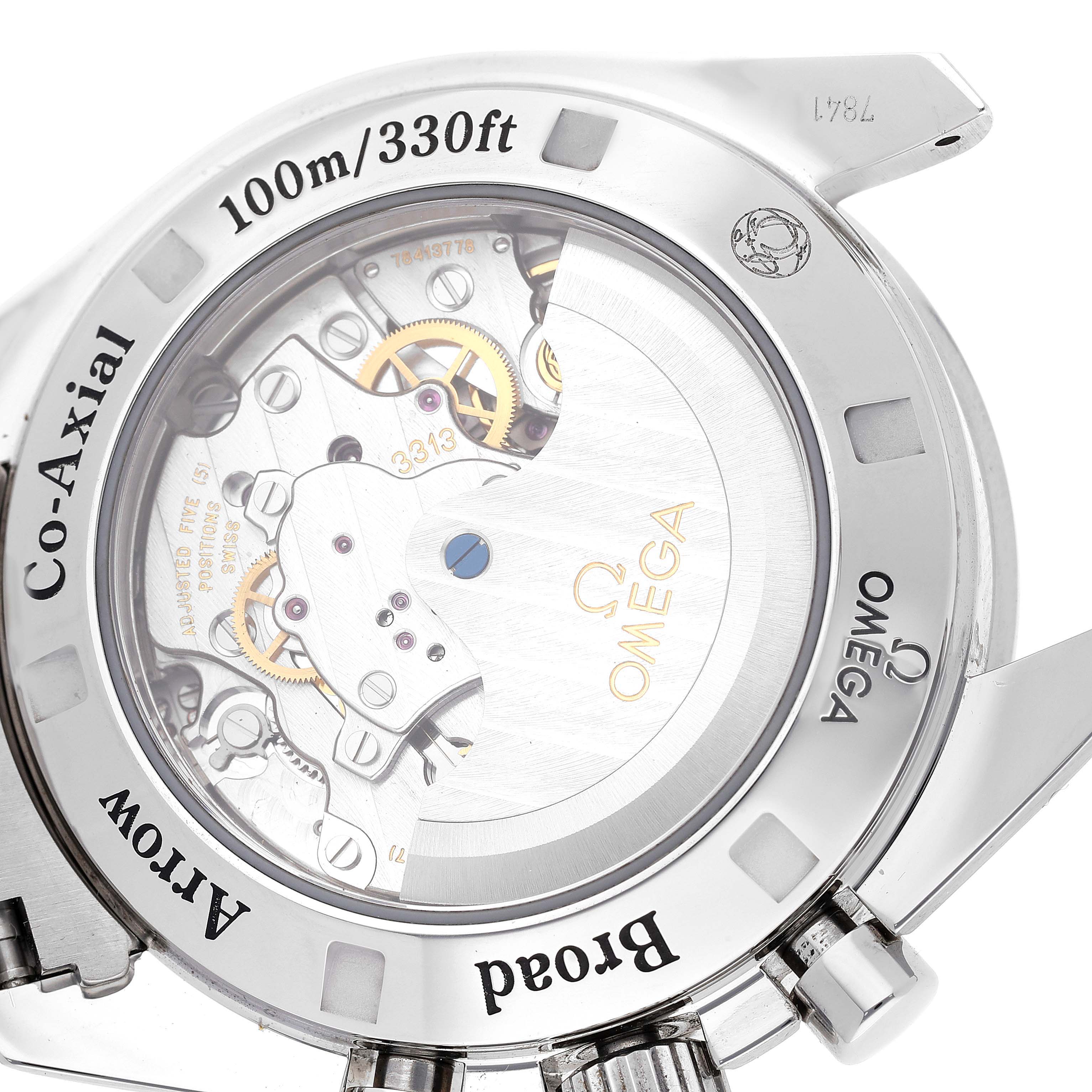 The image shows the back view of an Omega Speedmaster 321.10.42.50.01.001 Men
s Stainless Steel Black Dial 321.10.42.50.01.001 Men
s Stainless Steel Black Dial watch, revealing its Co-Axial movement and internal mechanisms.