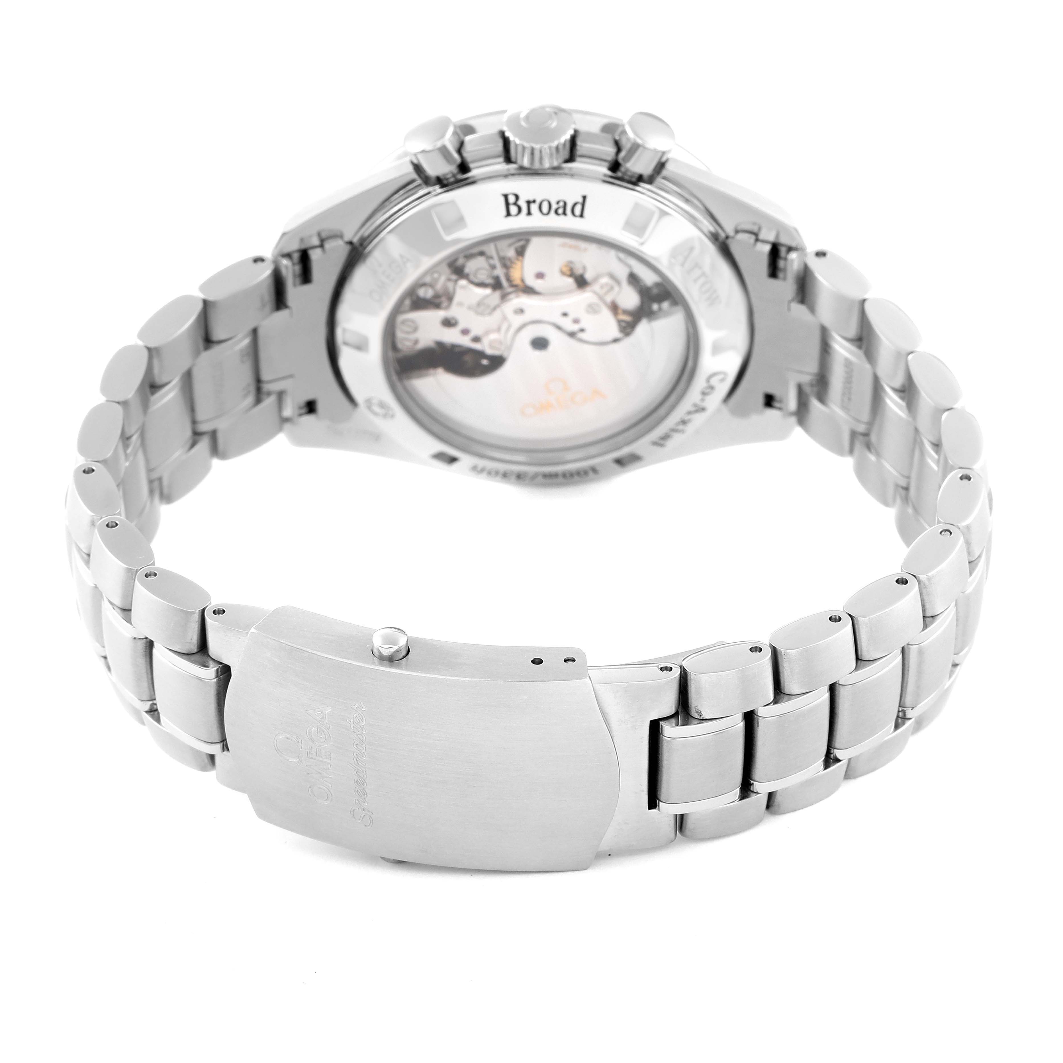 This image shows the back side of the Omega Speedmaster 321.10.42.50.01.001 Men
s Stainless Steel Black Dial 321.10.42.50.01.001 Men
s Stainless Steel Black Dial, highlighting its movement and stainless steel bracelet.