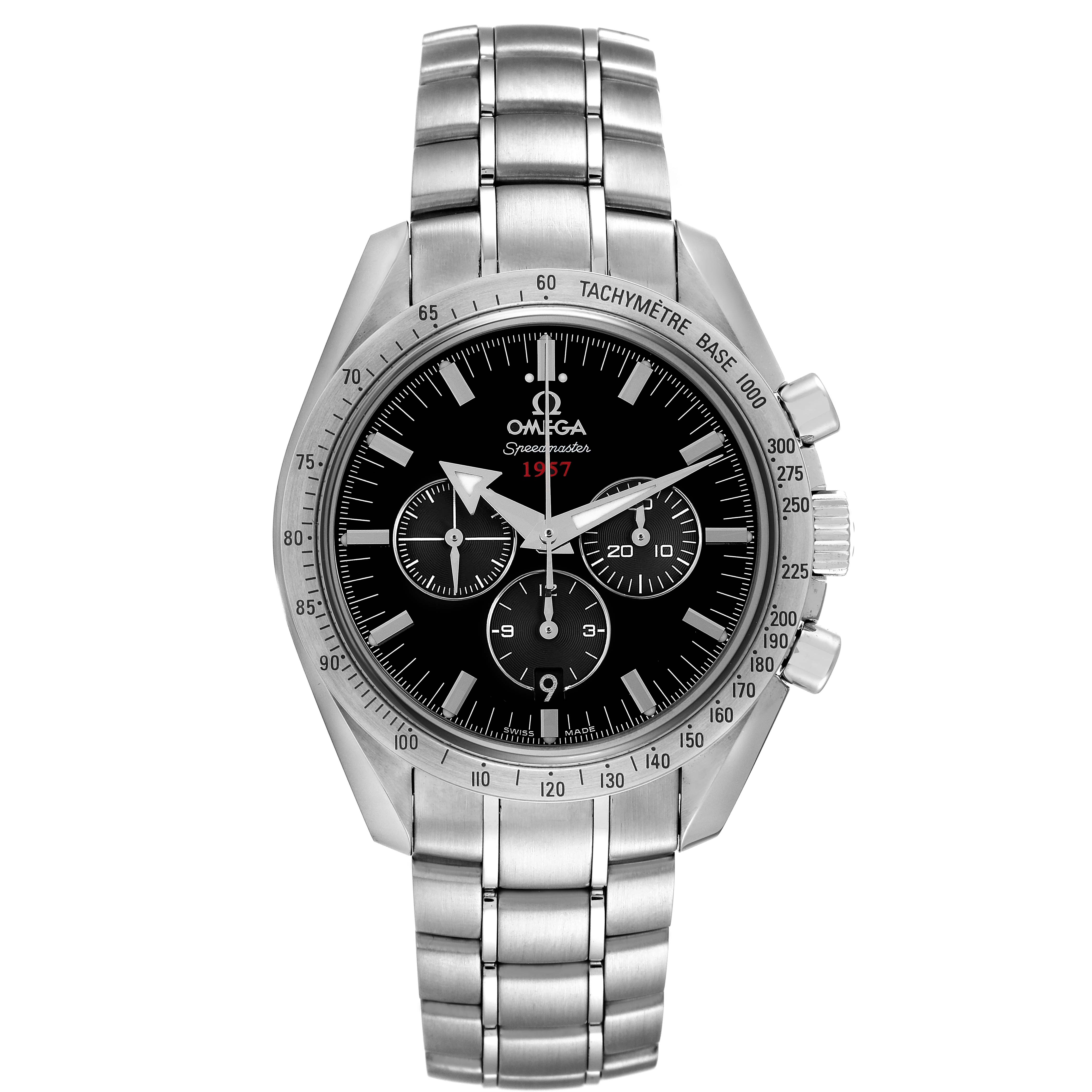 The image shows a front view of the Omega Speedmaster 321.10.42.50.01.001 Men
s Stainless Steel Black Dial 321.10.42.50.01.001 Men
s Stainless Steel Black Dial watch, featuring its stainless steel case and bracelet.