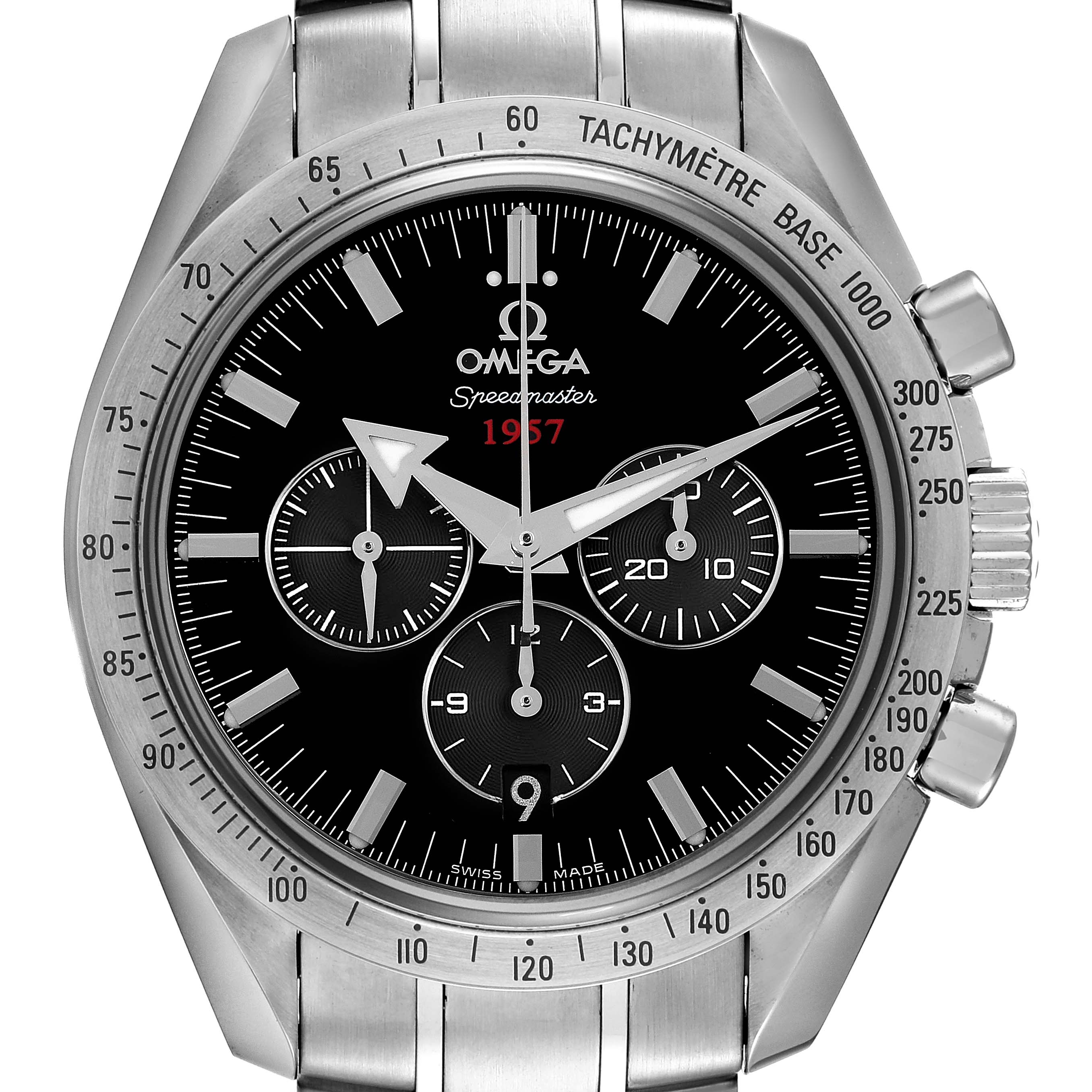 The image shows a front view of an Omega Speedmaster 321.10.42.50.01.001 Men
s Stainless Steel Black Dial 321.10.42.50.01.001 Men
s Stainless Steel Black Dial watch, highlighting the dial, subdials, tachymeter bezel, and crown.